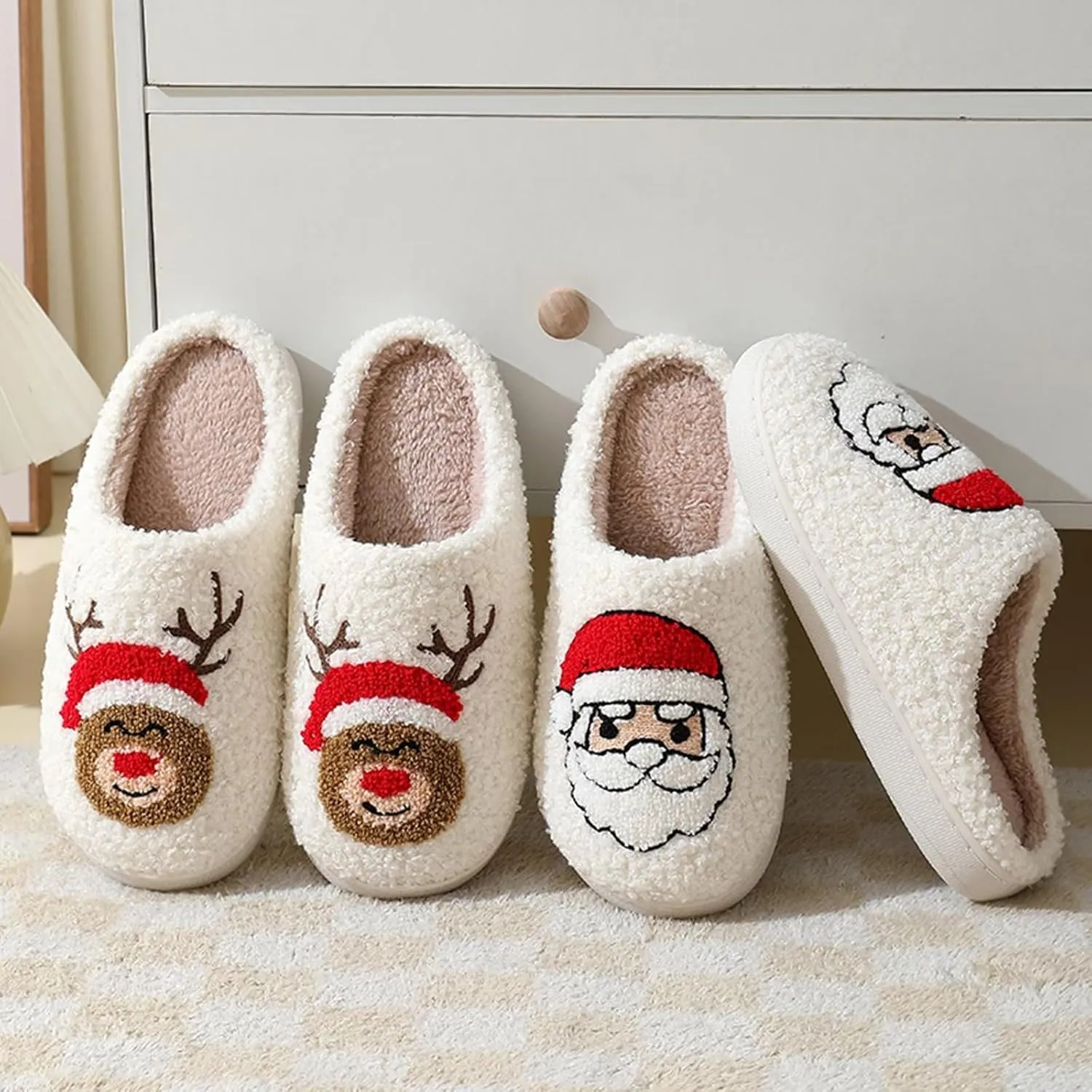 Fuzzy House Slippers for Women Smiley Face - Christmas Cozy Memory Foam Woman Slipper Indoor and Outdoor Winter Bedroom Shoes