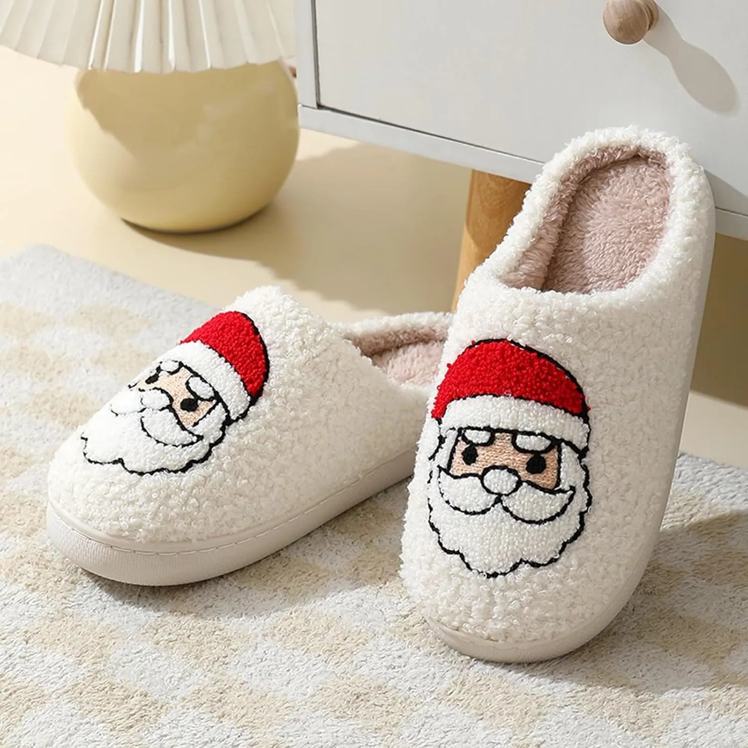 Fuzzy House Slippers for Women Smiley Face - Christmas Cozy Memory Foam Woman Slipper Indoor and Outdoor Winter Bedroom Shoes
