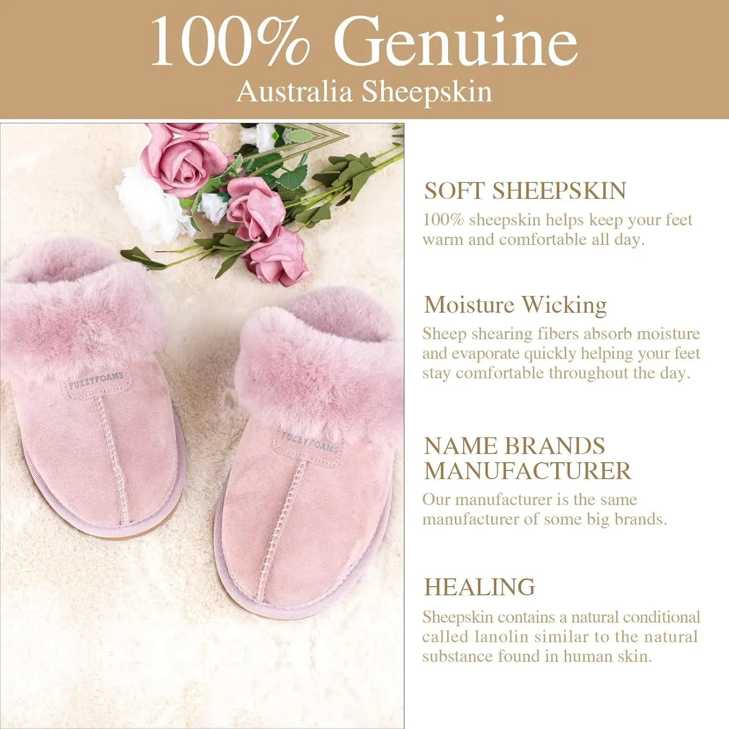 FUZZYFOAMS Genuine Australian Sheepskin Women Slippers Memory Foam Shearling Slipper Water Resistant Warm and Fluffy Indoor Outdoor House Shoes