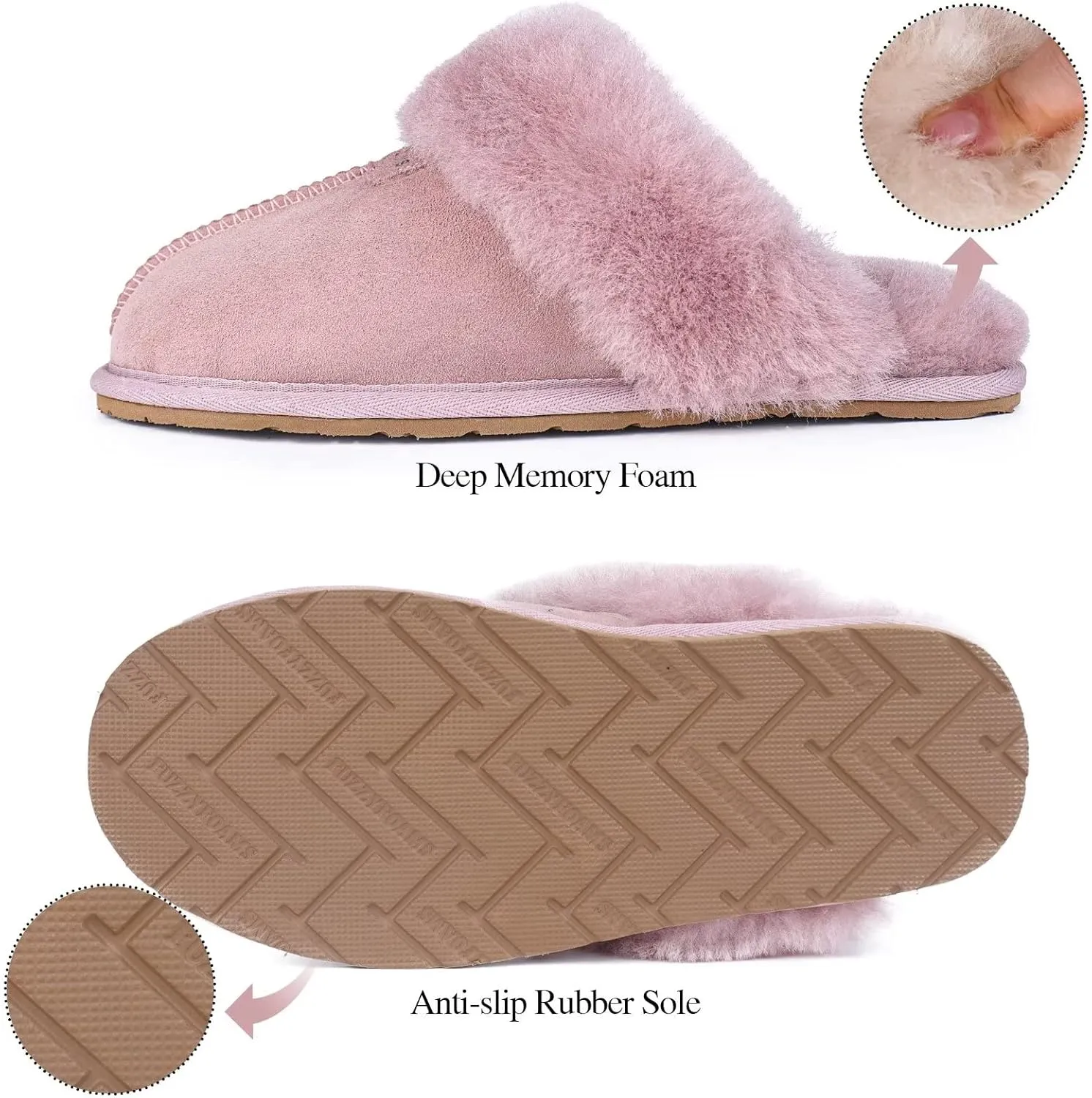FUZZYFOAMS Genuine Australian Sheepskin Women Slippers Memory Foam Shearling Slipper Water Resistant Warm and Fluffy Indoor Outdoor House Shoes
