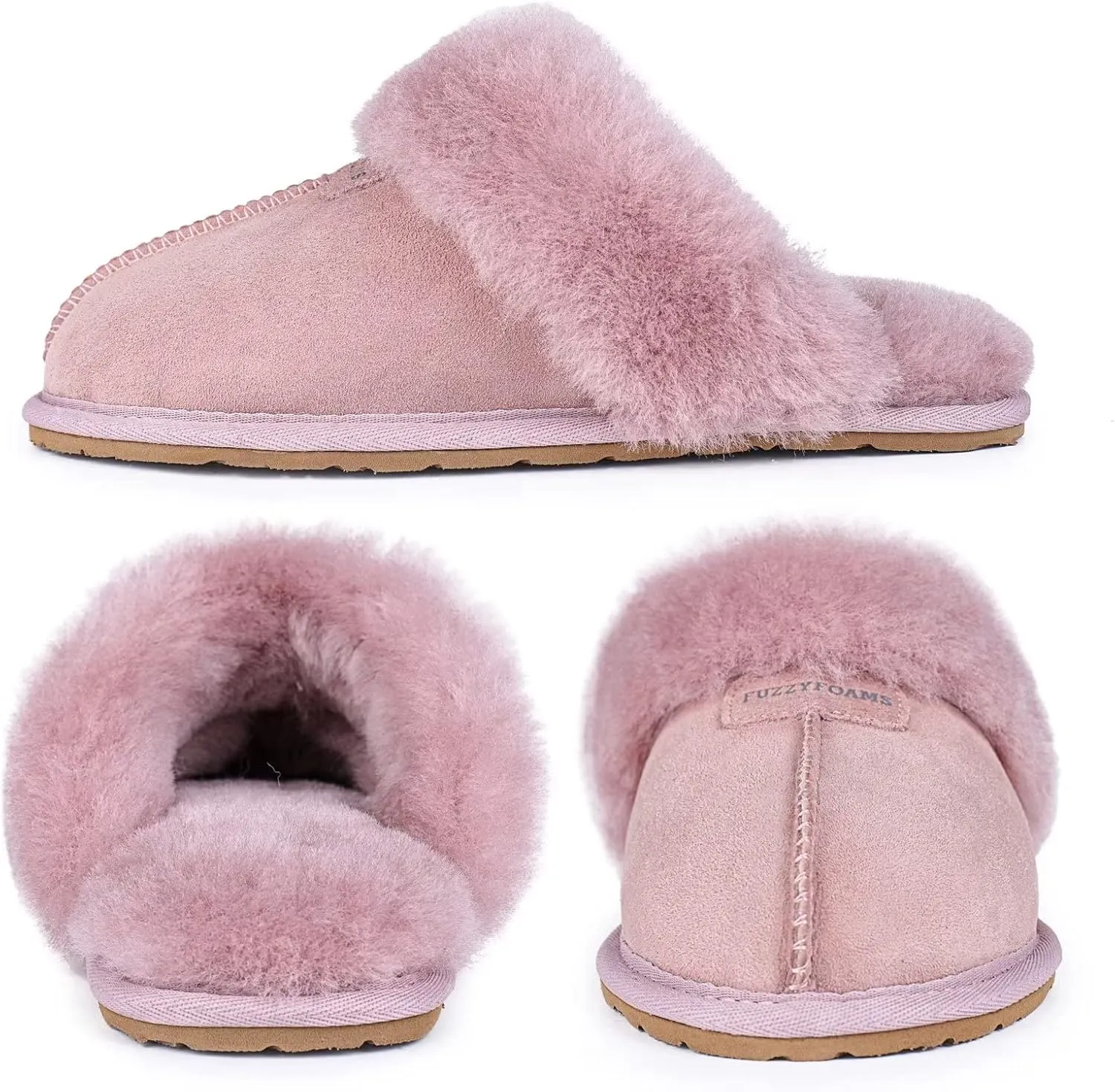 FUZZYFOAMS Genuine Australian Sheepskin Women Slippers Memory Foam Shearling Slipper Water Resistant Warm and Fluffy Indoor Outdoor House Shoes