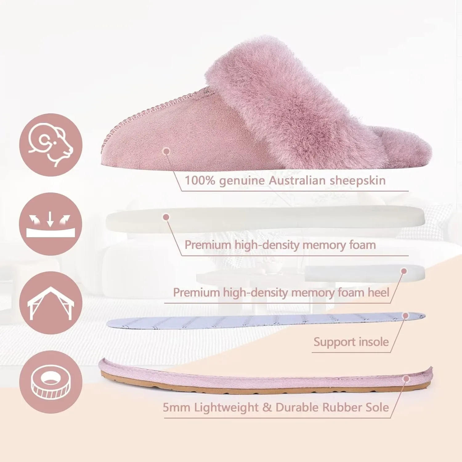 FUZZYFOAMS Genuine Australian Sheepskin Women Slippers Memory Foam Shearling Slipper Water Resistant Warm and Fluffy Indoor Outdoor House Shoes