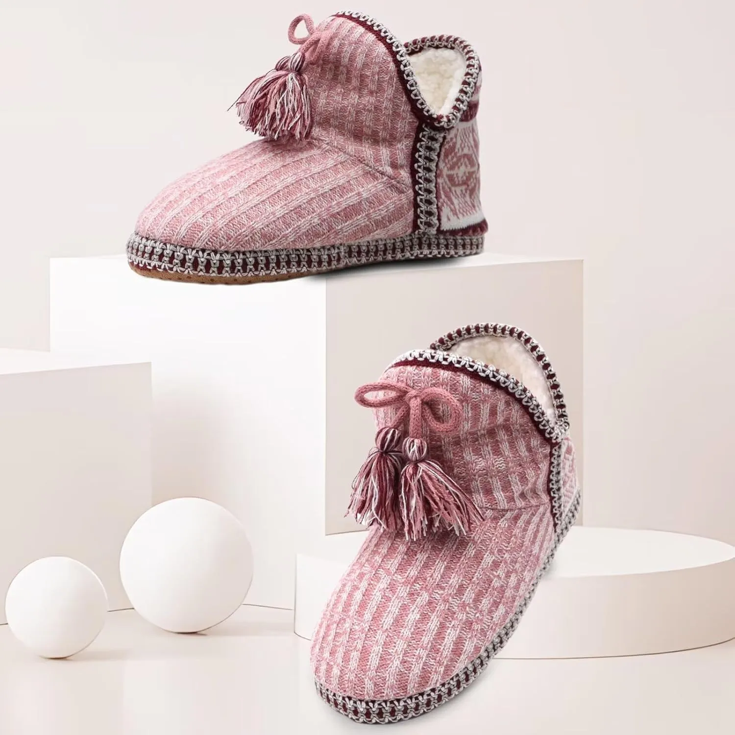 GPOS Women's Cashmere Knit House Slipper Booties Cotton Quilted Warm Indoor Ankle Boots