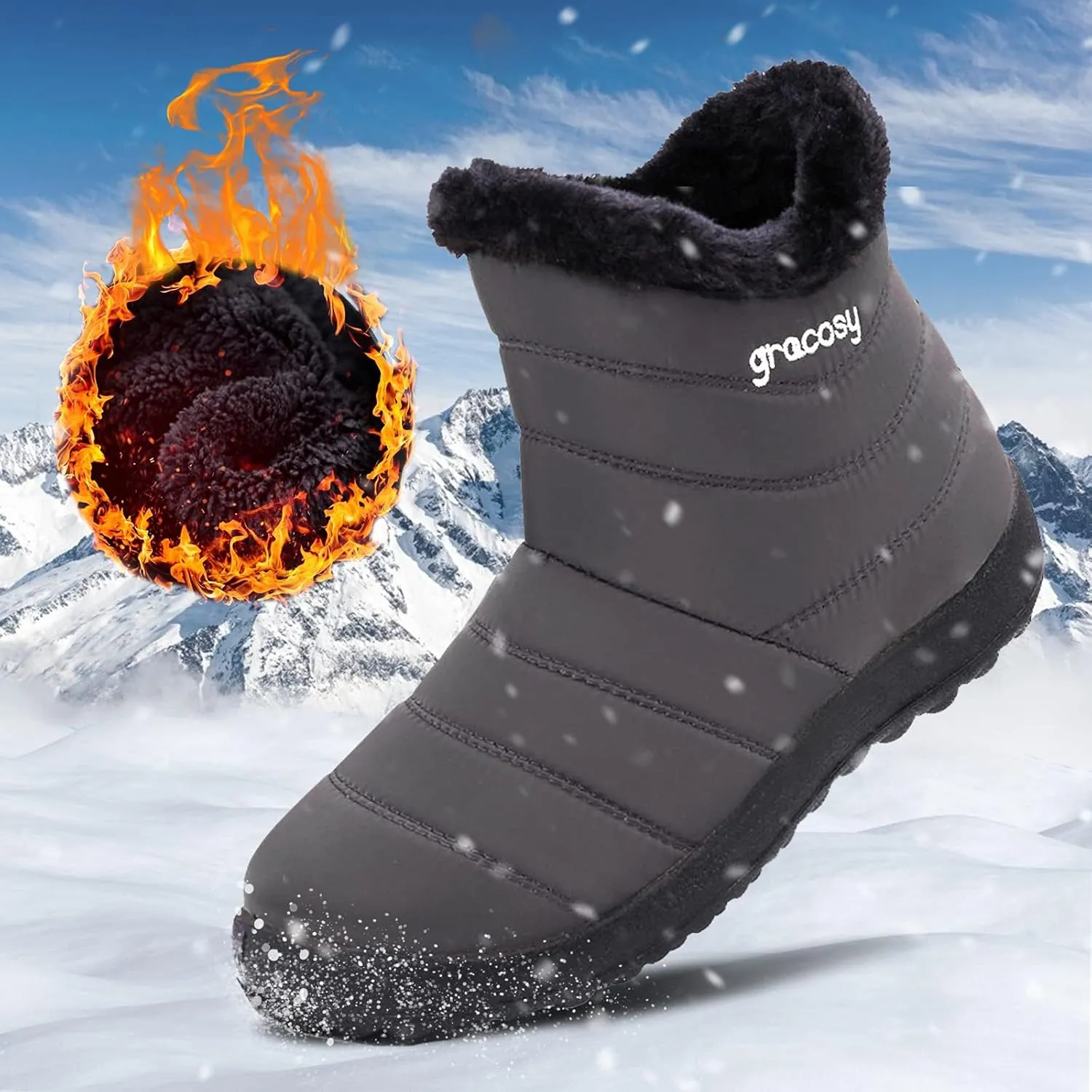 gracosy Snow Boots for Women, Warm Ankle Bootie Waterproof Outdoor Snow Anit-Slip Boots Slip On Lined Winter Shoes for Ladies