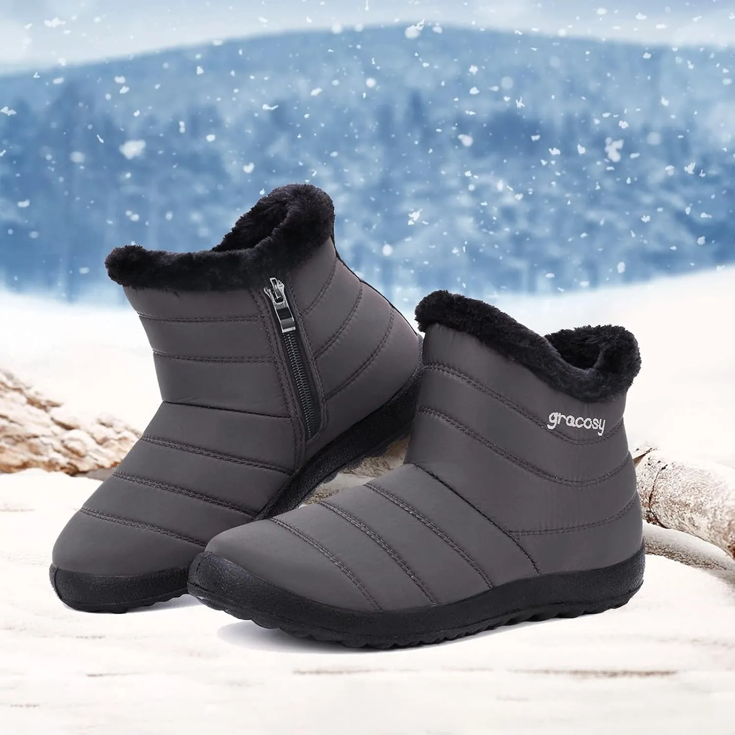 gracosy Snow Boots for Women, Warm Ankle Bootie Waterproof Outdoor Snow Anit-Slip Boots Slip On Lined Winter Shoes for Ladies