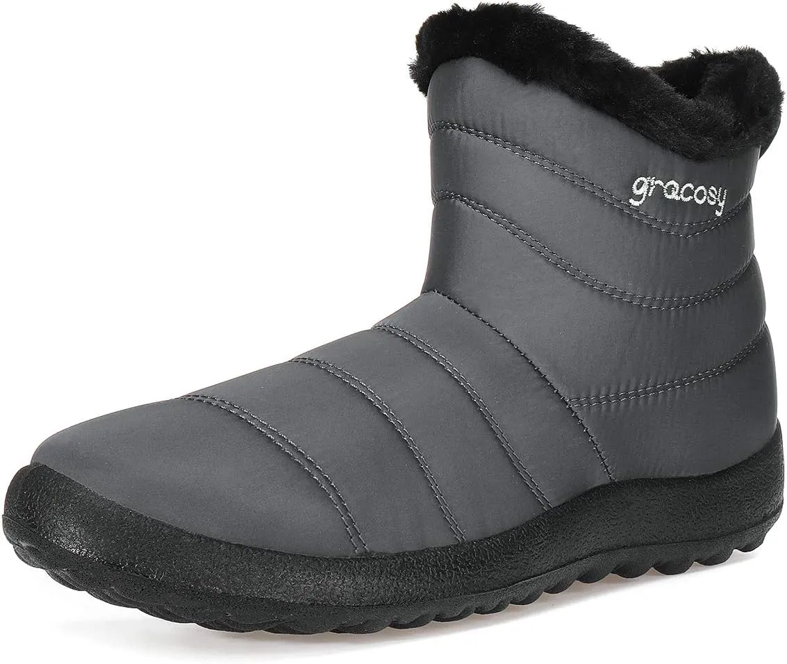 gracosy Snow Boots for Women, Warm Ankle Bootie Waterproof Outdoor Snow Anit-Slip Boots Slip On Lined Winter Shoes for Ladies