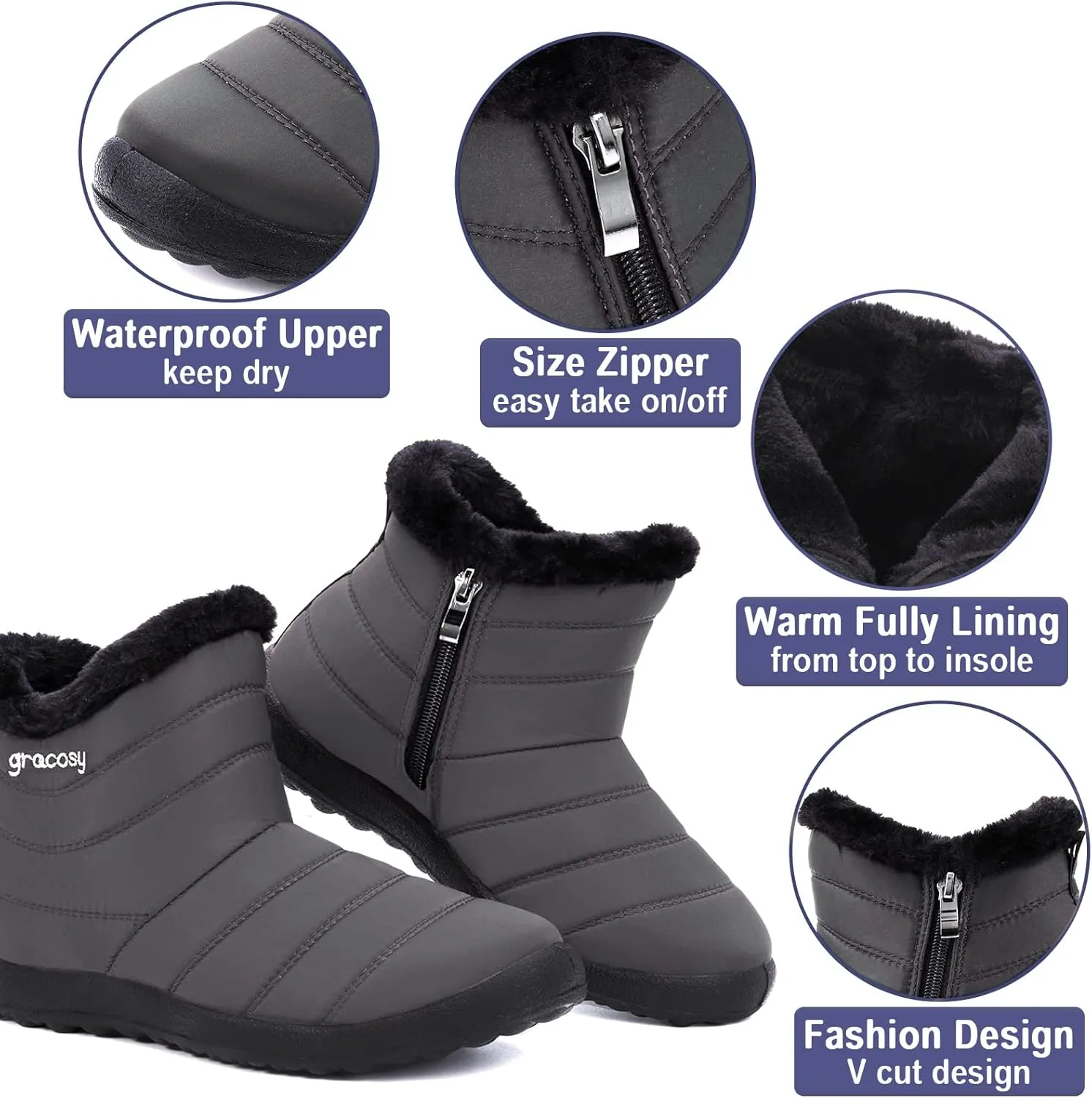 gracosy Snow Boots for Women, Warm Ankle Bootie Waterproof Outdoor Snow Anit-Slip Boots Slip On Lined Winter Shoes for Ladies