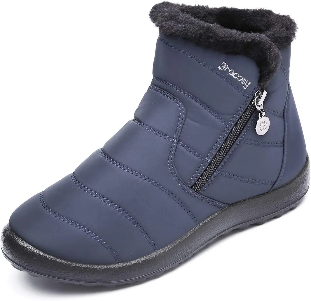 gracosy Warm Snow Boots, Women's Winter Ankle Bootie Anti-Slip Fur Lined Ankle Short Boots Waterproof Slip On Outdoor Shoes
