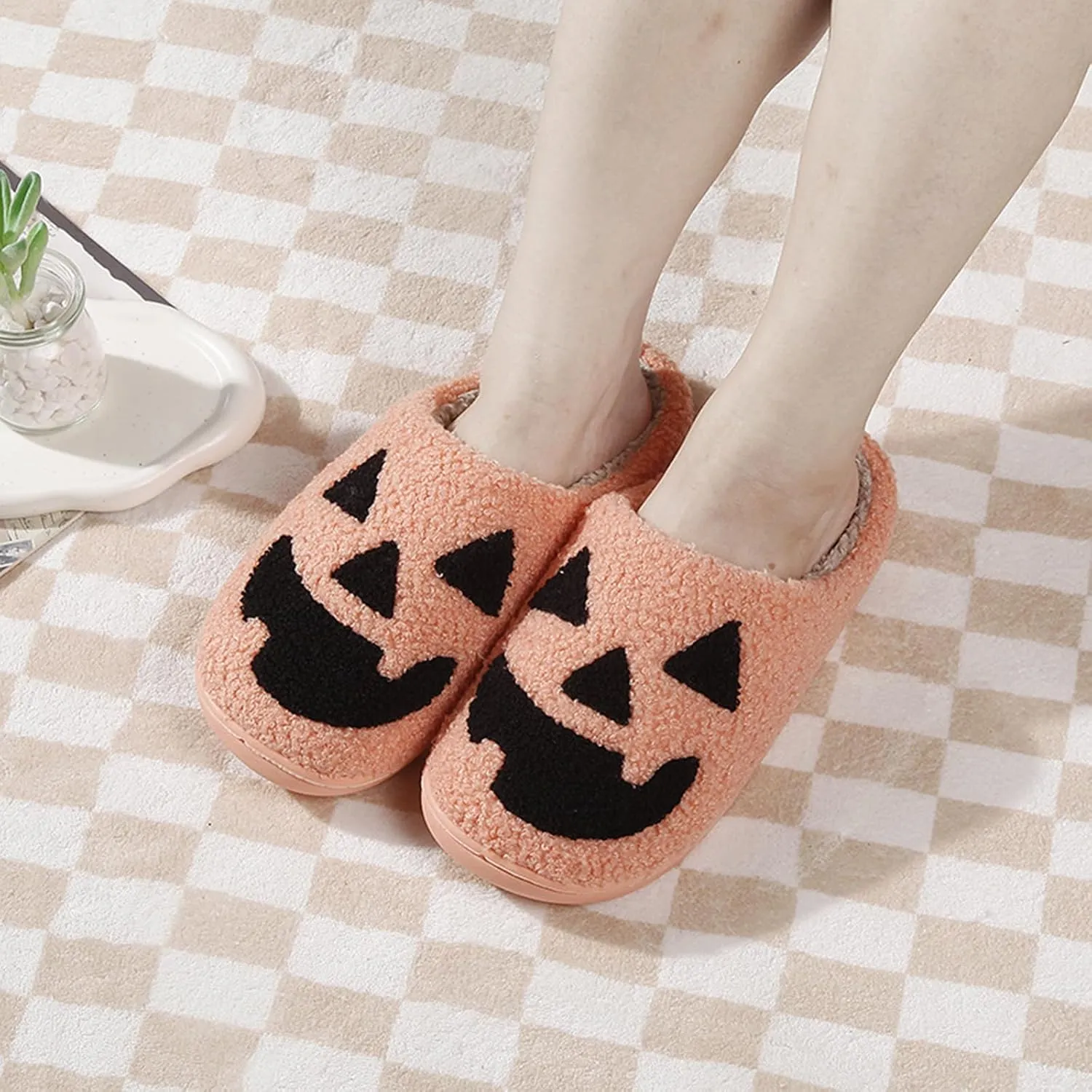 Halloween Pumpkin Slippers for Womens Mens Cute Cartoon Slippers Plush Warm Memory Foam Shoes