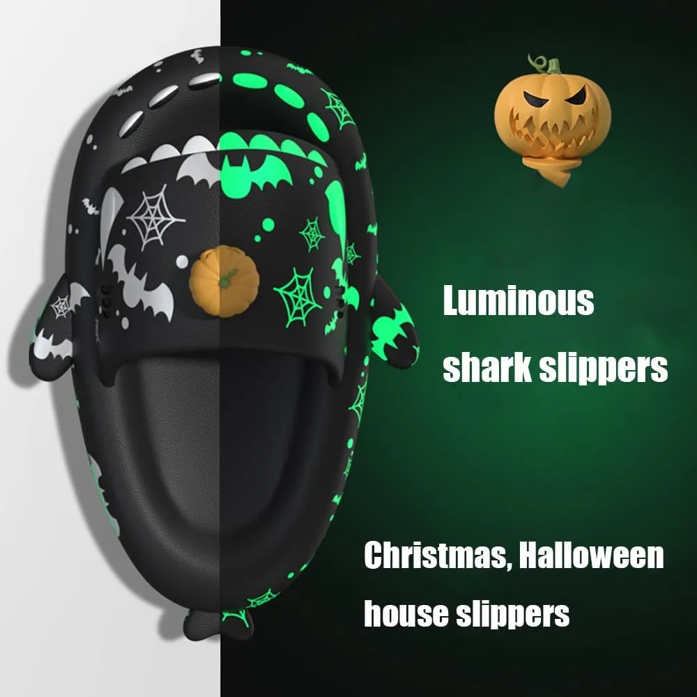 Halloween Shark Slippers, Christmas Shark Slippers, Glow All Saints Day inthe dark Spooky Shark Slides, Anti-Slip open toed lightweight soles Shark Slippers