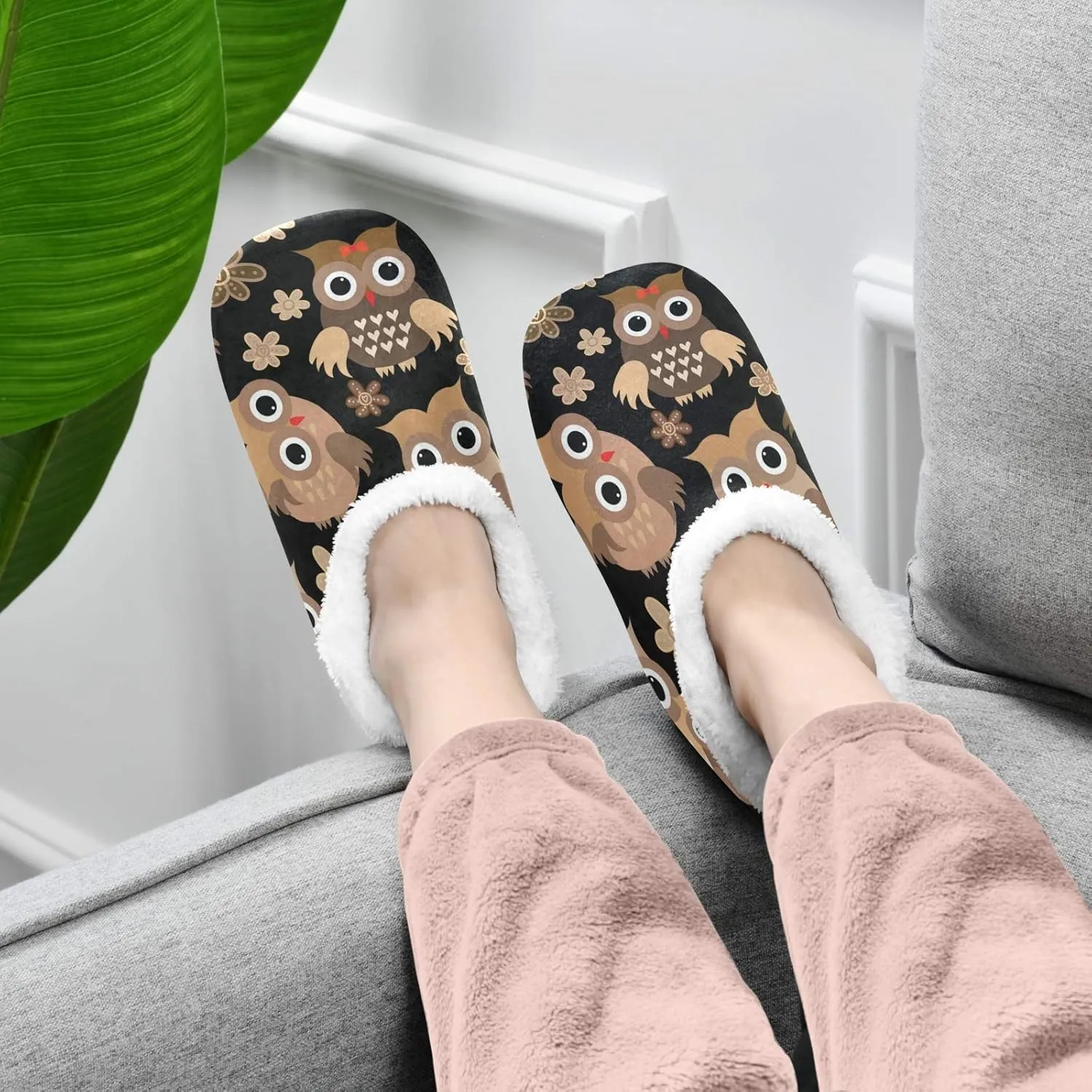 Home Slippers for Women, Cute Owls Coral Fleece Slippers House Shoes for Men, (US 5-6)