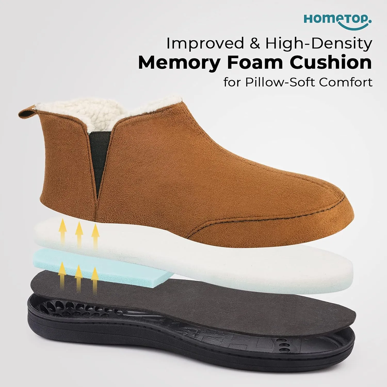 HomeTop Men's Bootie Slippers Comfy Warm Soft Non-slip Indoor Memory Foam House Shoes with Elastic Gores
