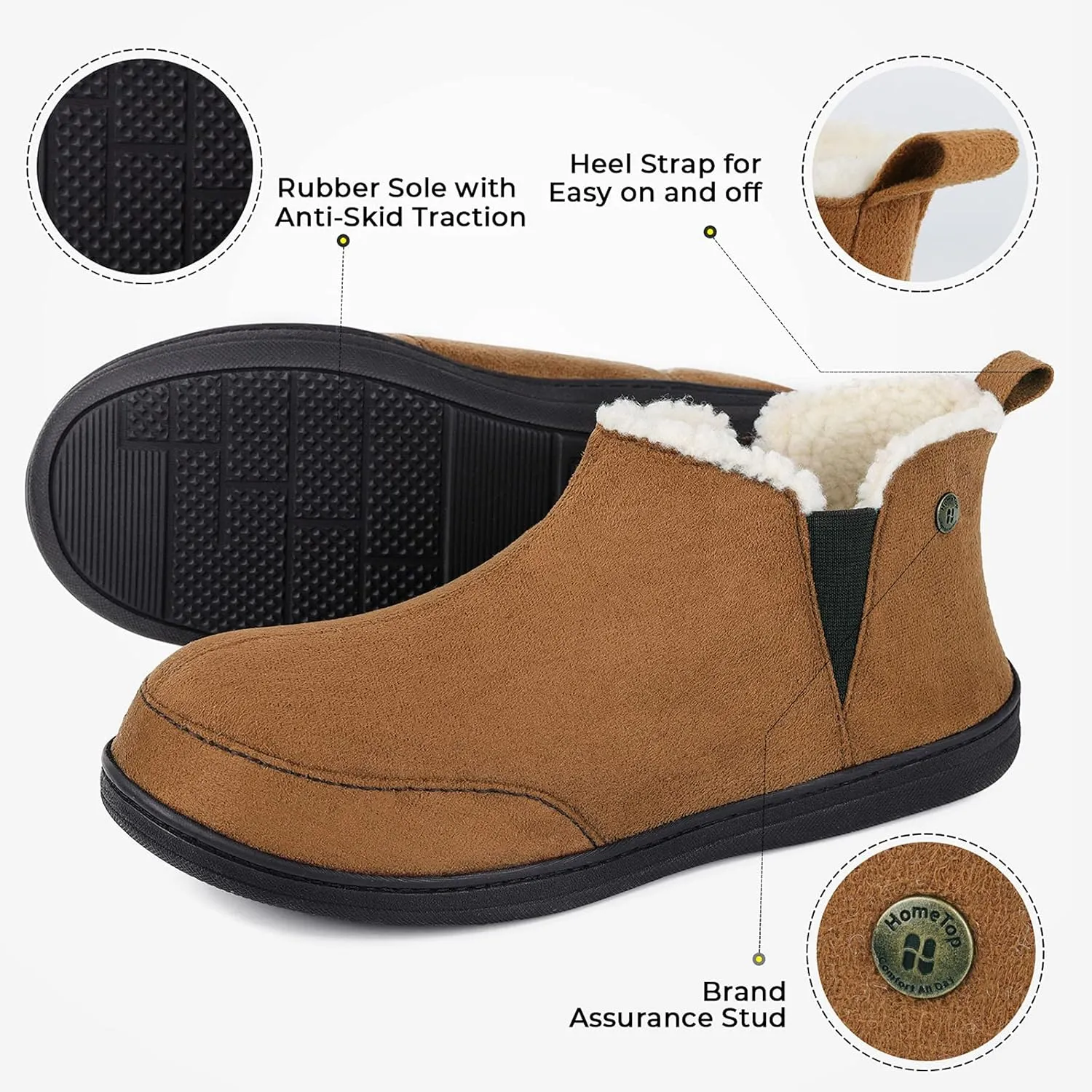 HomeTop Men's Bootie Slippers Comfy Warm Soft Non-slip Indoor Memory Foam House Shoes with Elastic Gores