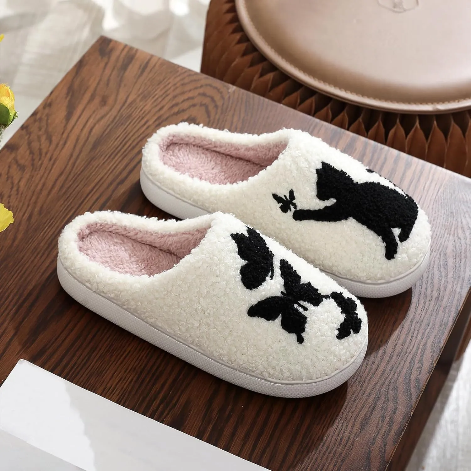House Slippers for Women, Fruit Slipper with Strawberry Pineapple Flower Heart, Adult House Shoes with Checker Rainbow Evil Eyes Cat, Winter Fuzzy Bedroom Slides, Soft Cute Cozy