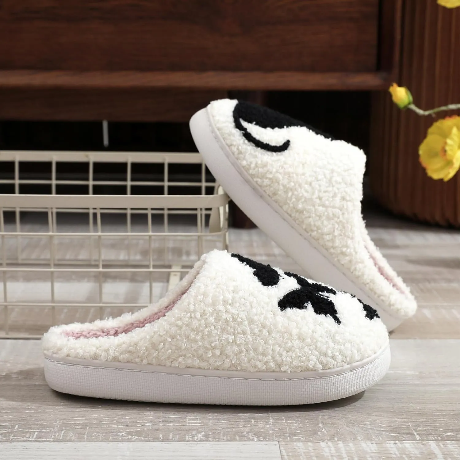 House Slippers for Women, Fruit Slipper with Strawberry Pineapple Flower Heart, Adult House Shoes with Checker Rainbow Evil Eyes Cat, Winter Fuzzy Bedroom Slides, Soft Cute Cozy