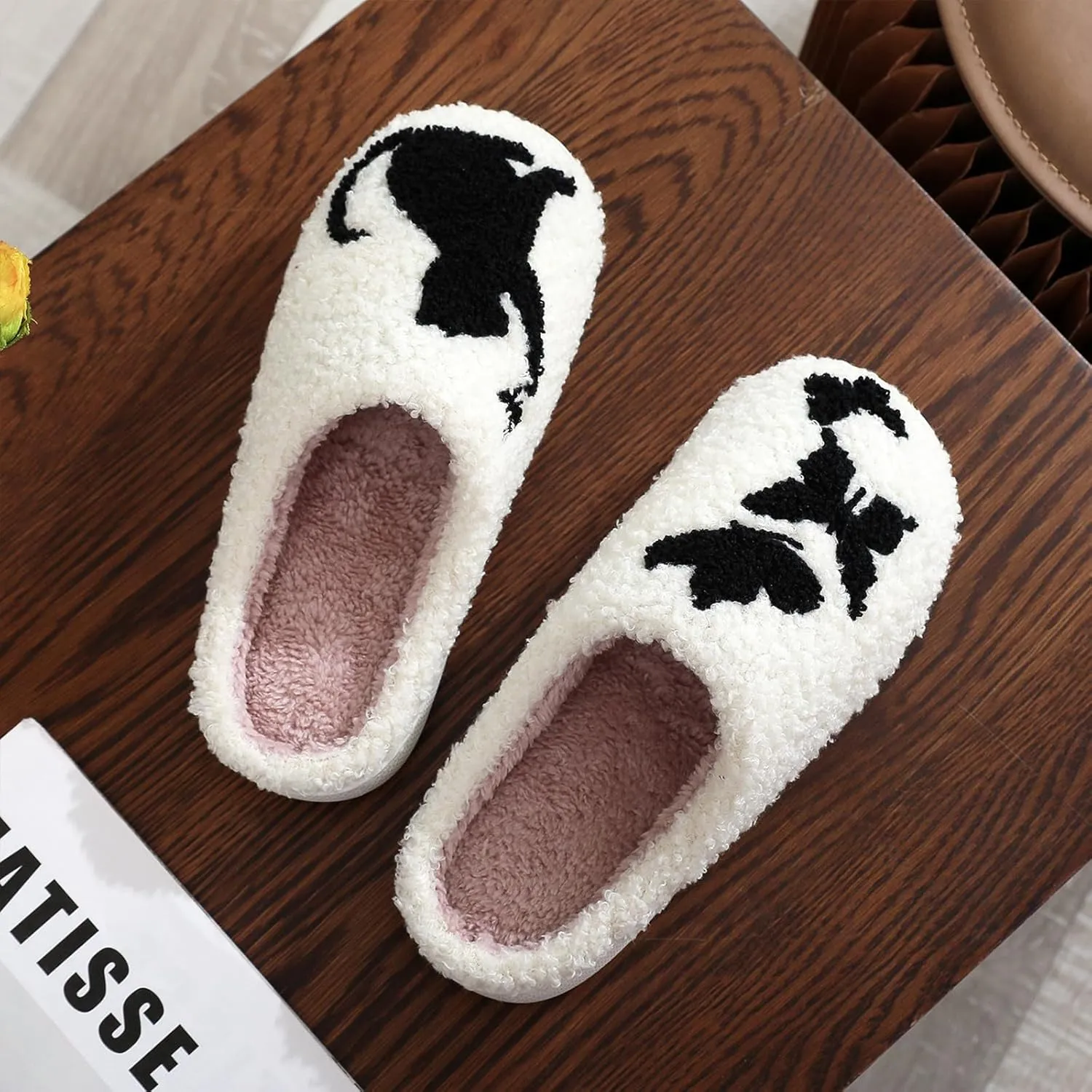 House Slippers for Women, Fruit Slipper with Strawberry Pineapple Flower Heart, Adult House Shoes with Checker Rainbow Evil Eyes Cat, Winter Fuzzy Bedroom Slides, Soft Cute Cozy
