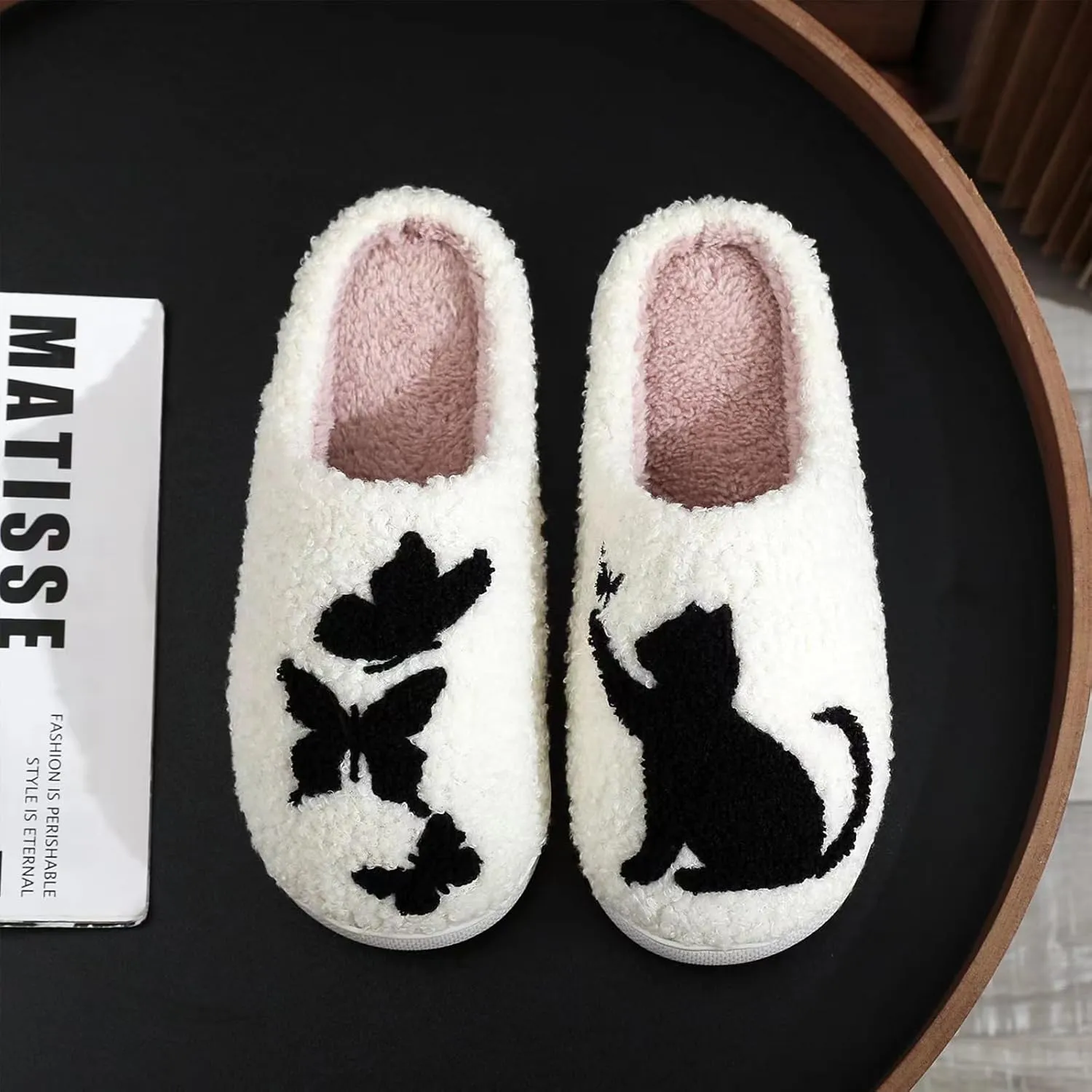 House Slippers for Women, Fruit Slipper with Strawberry Pineapple Flower Heart, Adult House Shoes with Checker Rainbow Evil Eyes Cat, Winter Fuzzy Bedroom Slides, Soft Cute Cozy