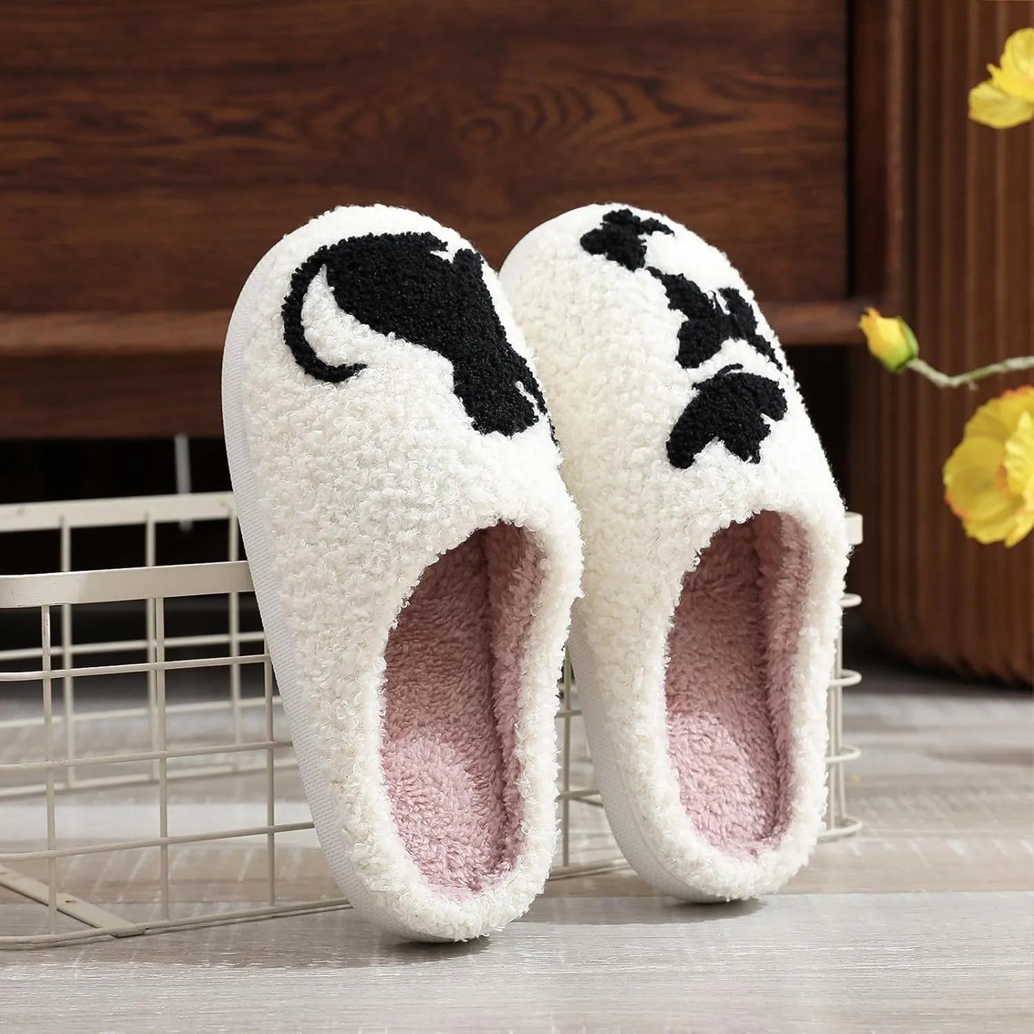 House Slippers for Women, Fruit Slipper with Strawberry Pineapple Flower Heart, Adult House Shoes with Checker Rainbow Evil Eyes Cat, Winter Fuzzy Bedroom Slides, Soft Cute Cozy