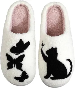 House Slippers for Women, Fruit Slipper with Strawberry Pineapple Flower Heart, Adult House Shoes with Checker Rainbow Evil Eyes Cat, Winter Fuzzy Bedroom Slides, Soft Cute Cozy