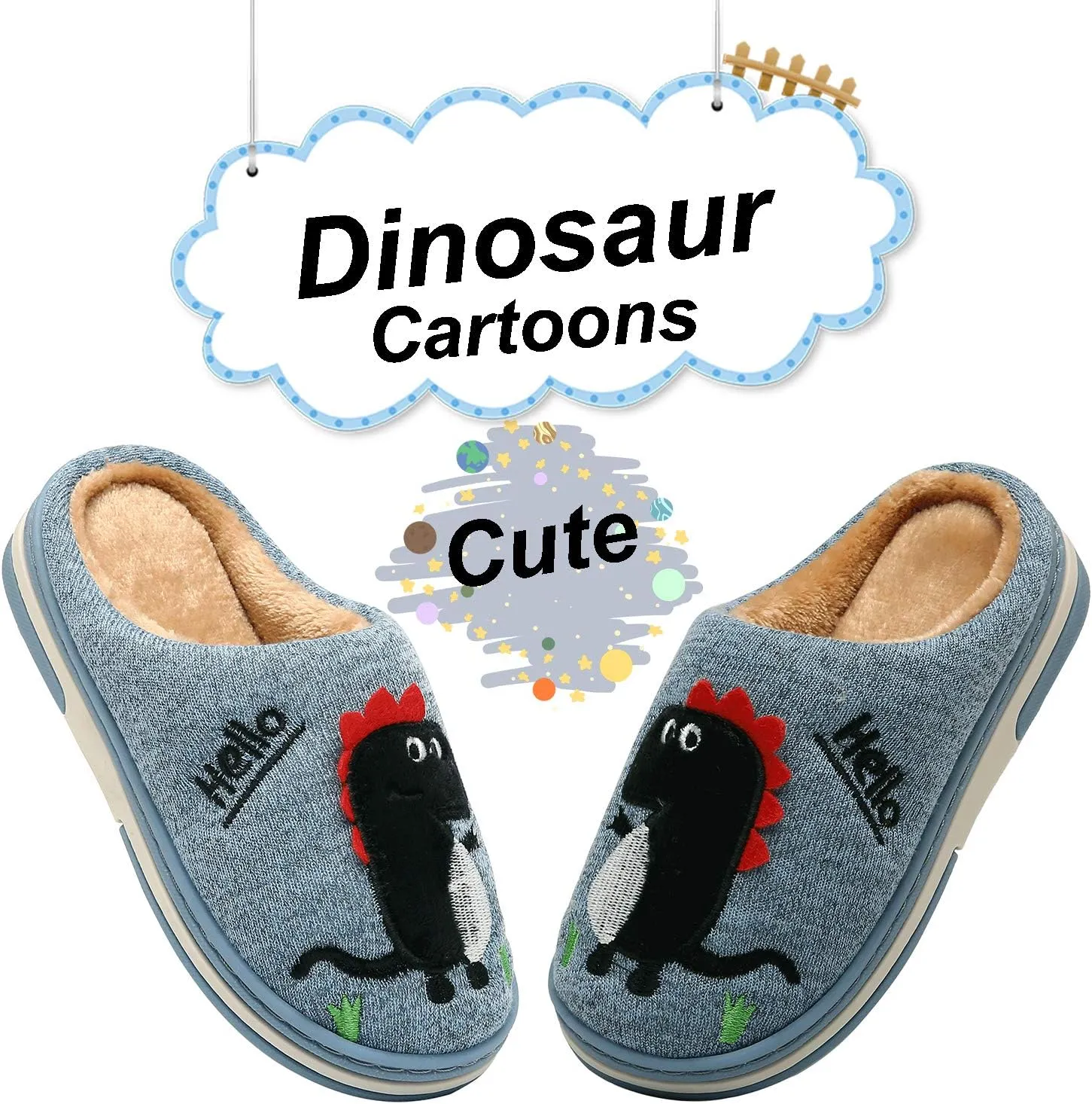 INMINPIN Boys Girls Cozy House Slippers Warm Plush Winter Cotton Slipper Kids Cute Dinosaur Indoor Shoes Non-Slip