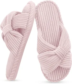 IPSAE Summer House Slippers for Woman Memory Foam Open Toe Slippers Corduroy Cross Bow Womens Slipper Slides Comfy Indoor Bedroom Slip On Shoes