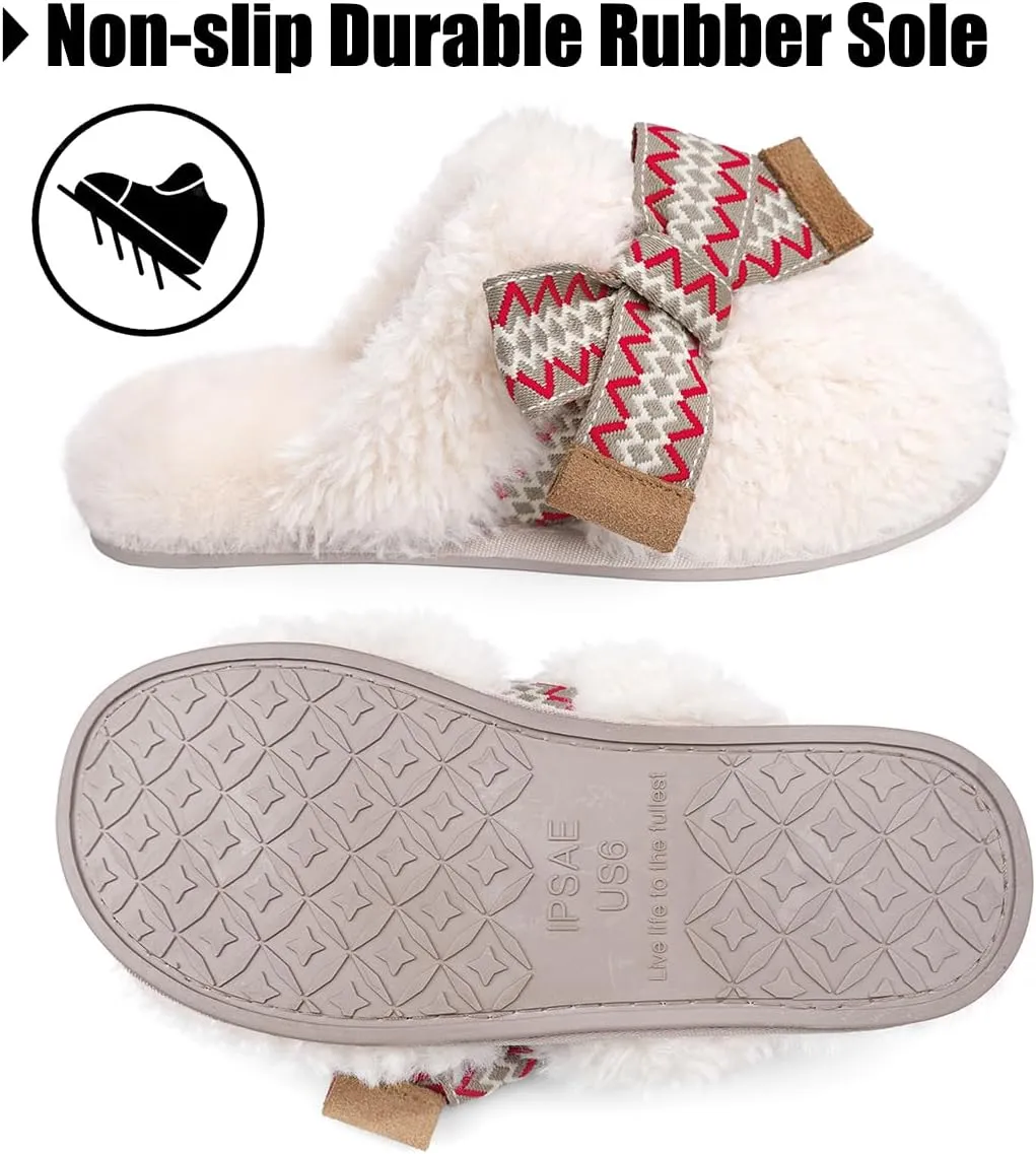 IPSAE Womens Maxi Curly Slide Slippers Winter Memory Foam Slippers Cozy Fuzzy Slippers Women Gifts House Cloud Bow Slippers for Women.