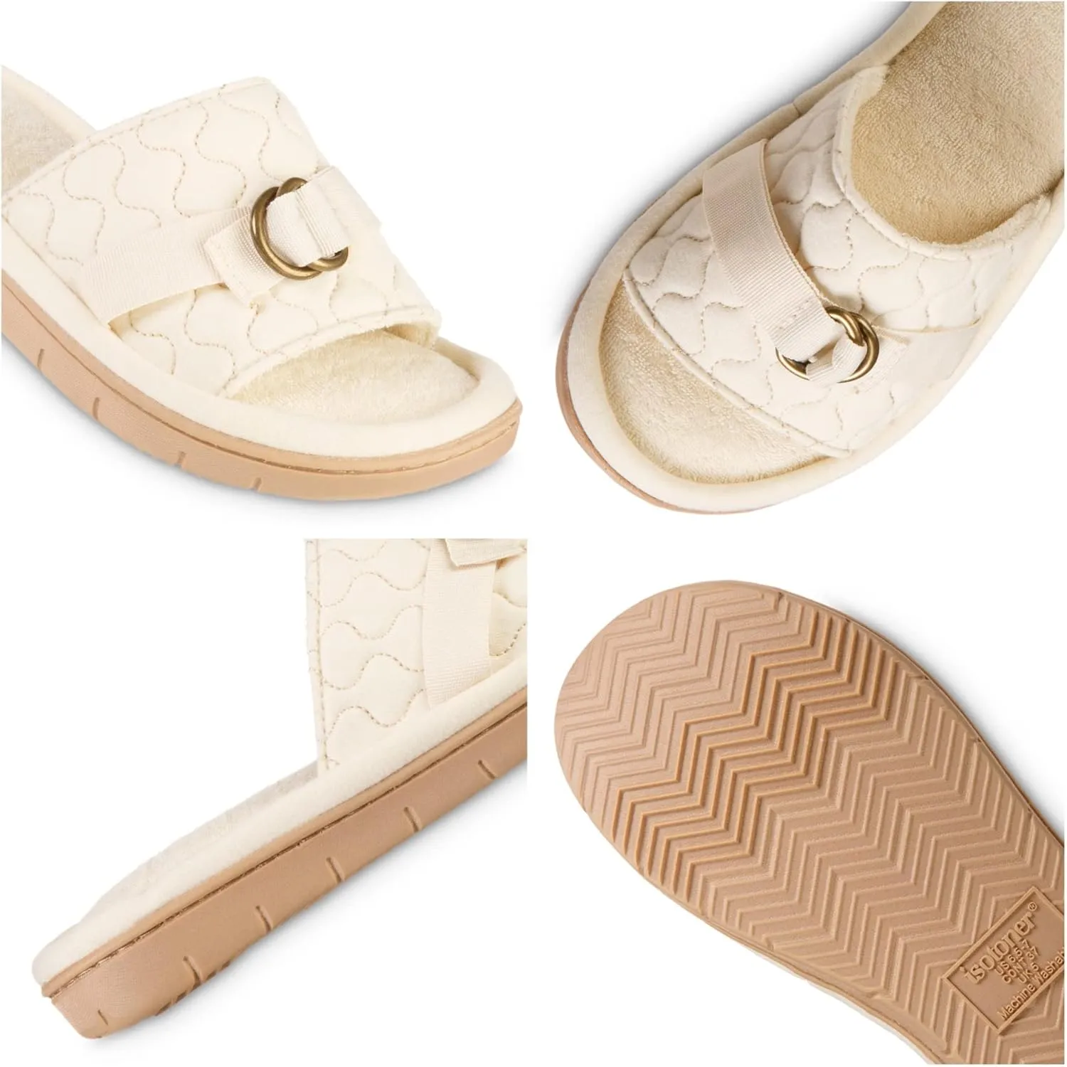 isotoner Women's Open Toe Slide Slippers, Minimally Dyed Organic Cotton Upper and Algae-Infused Sole