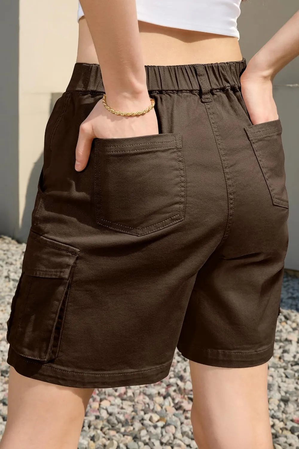 IVIR Bermuda Cargo Shorts for Women Knee Length 6 Pockets Elastic Waist Long Shorts for Summer Casual