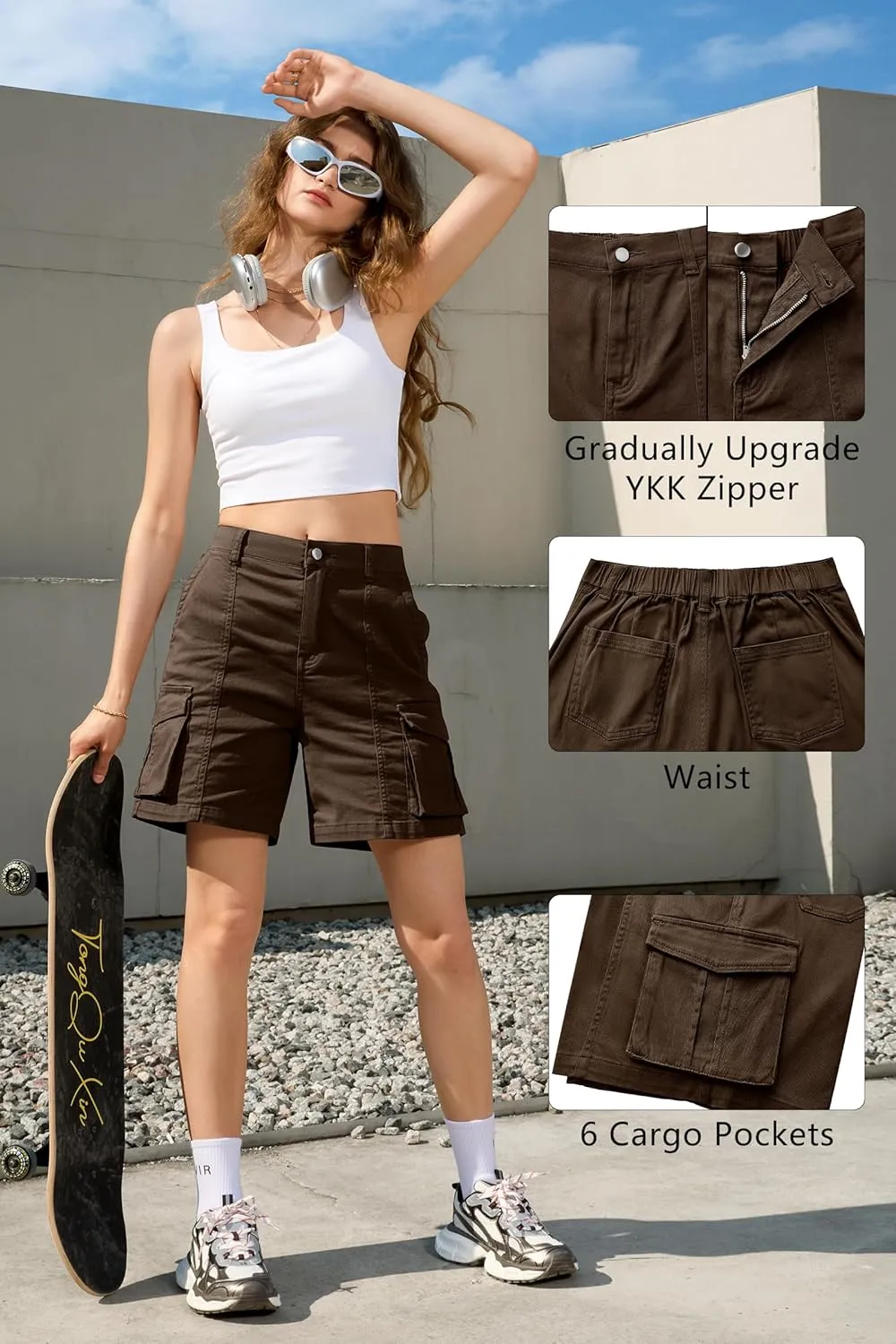 IVIR Bermuda Cargo Shorts for Women Knee Length 6 Pockets Elastic Waist Long Shorts for Summer Casual