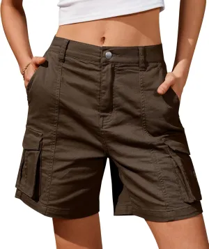 IVIR Bermuda Cargo Shorts for Women Knee Length 6 Pockets Elastic Waist Long Shorts for Summer Casual