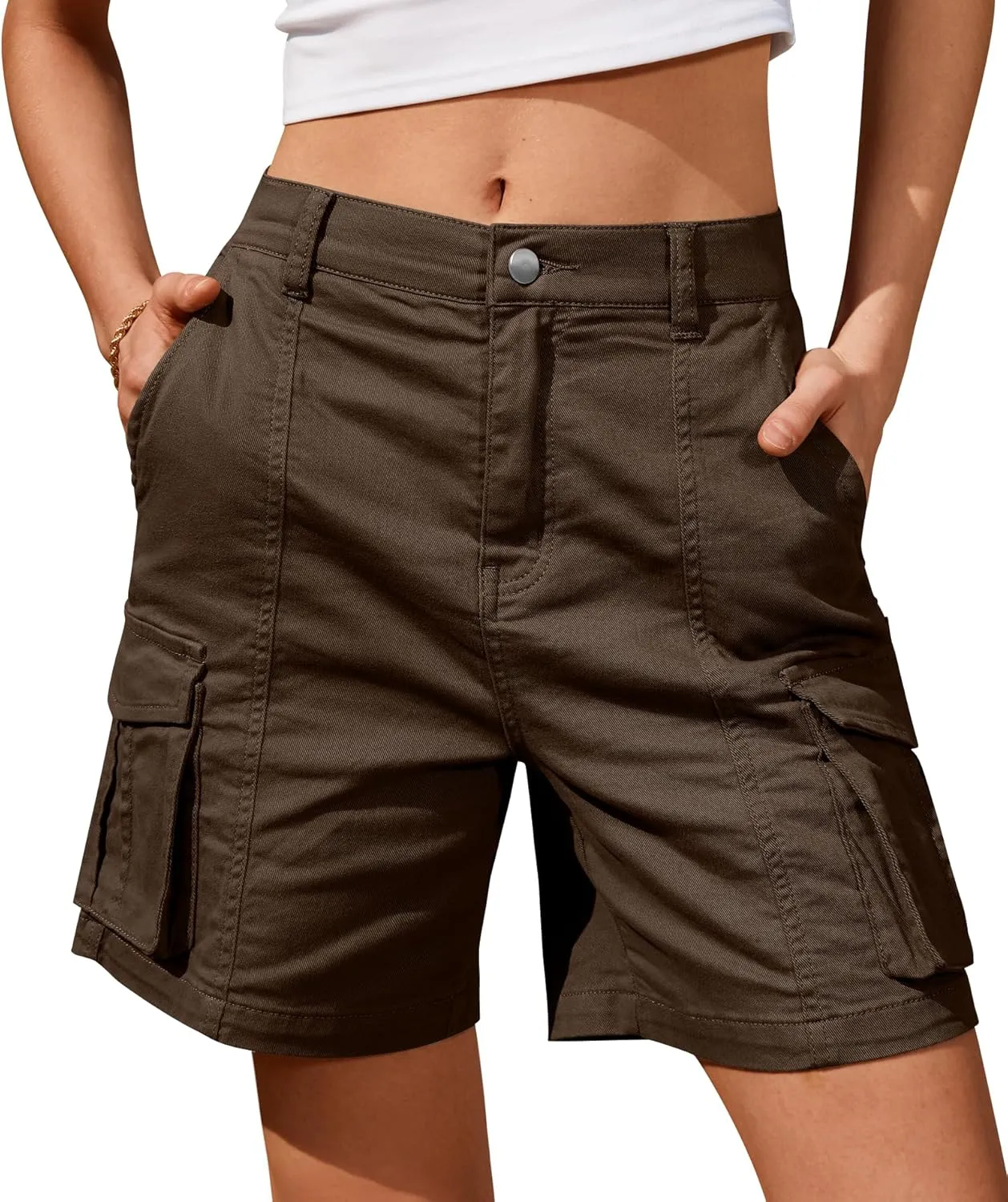 IVIR Bermuda Cargo Shorts for Women Knee Length 6 Pockets Elastic Waist Long Shorts for Summer Casual