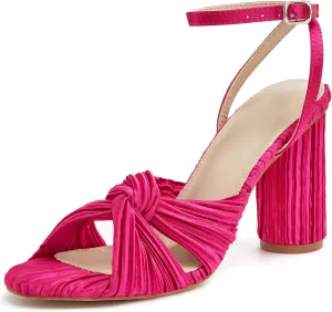 Jauoop Women's Pleated Bow Knot Heeled Sandals Open Toe Ankle Strap Block Chunky Heel Slides Bridal Wedding Dress Shoes