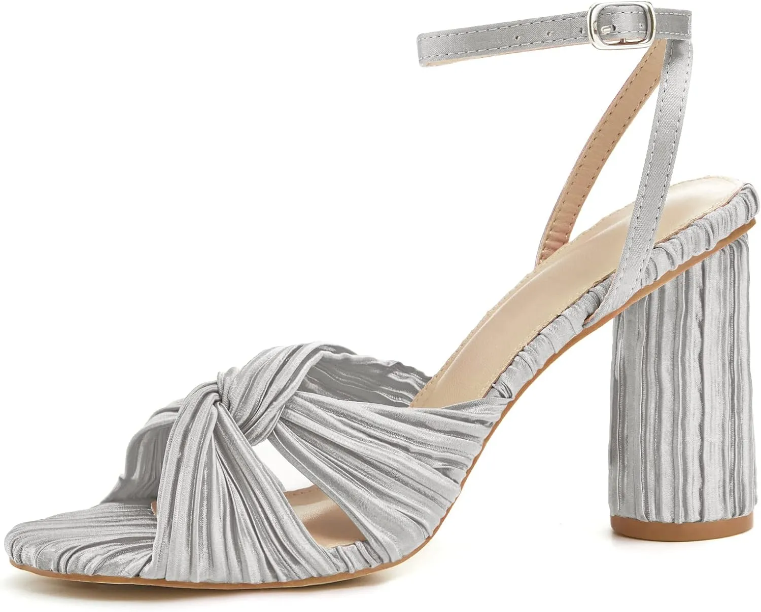 Jauoop Women's Pleated Bow Knot Heeled Sandals Open Toe Ankle Strap Block Chunky Heel Slides Bridal Wedding Dress Shoes