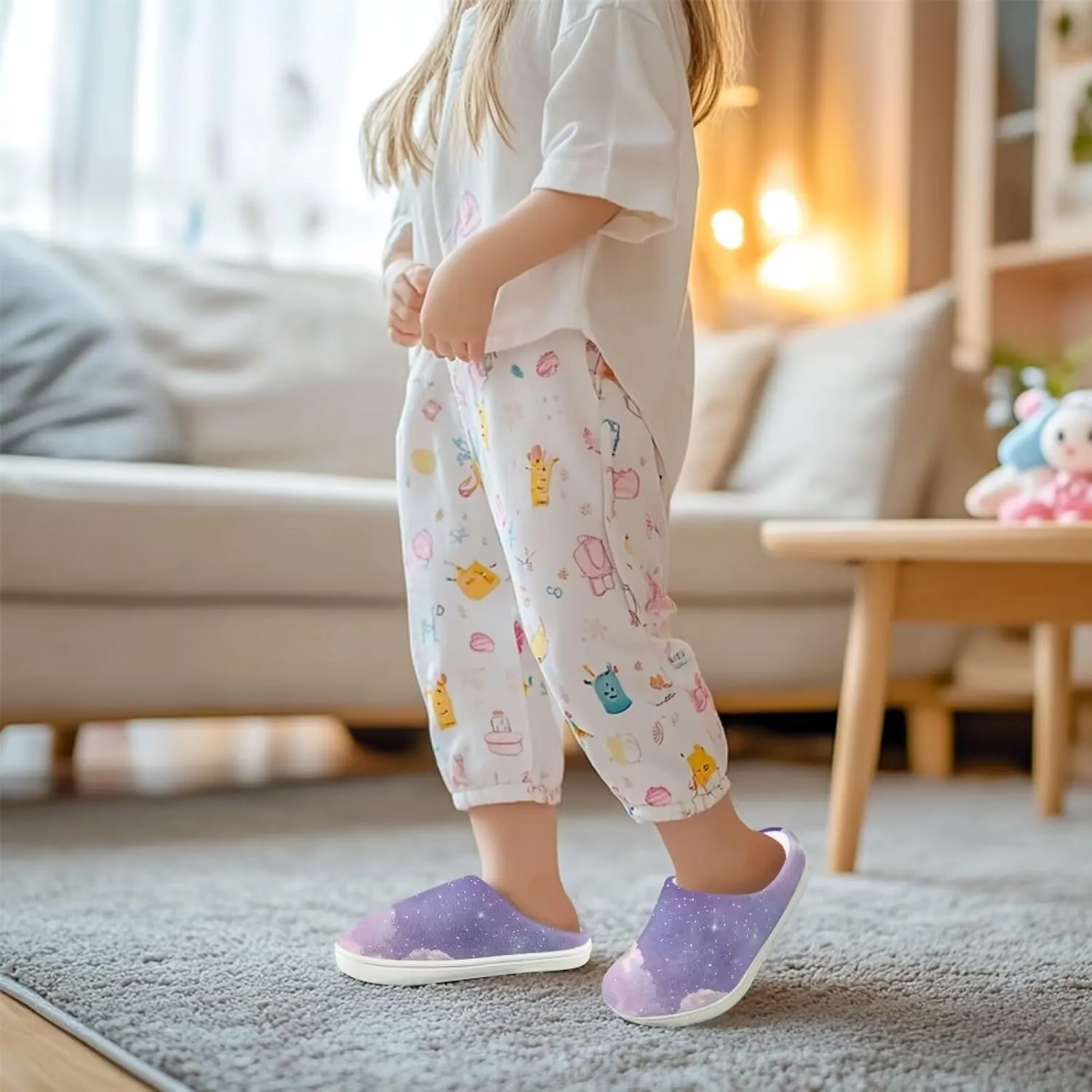 Kids Cotton Slipper Warm Winter Fluffy Breathable Shoes Cozy Fuzzy Print Anti-Slip House Slippers for Litter Big Kid US 9-15