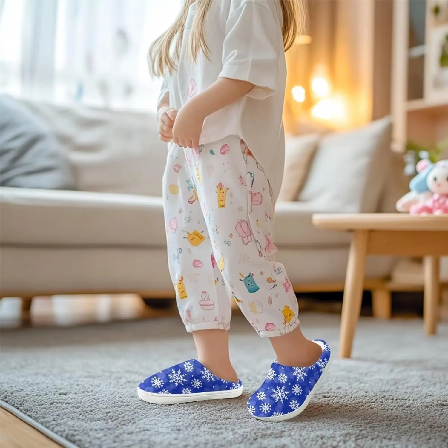 Kids Cotton Slipper Warm Winter Fluffy Breathable Shoes Cozy Fuzzy Print Anti-Slip House Slippers for Litter Big Kid US 9-15