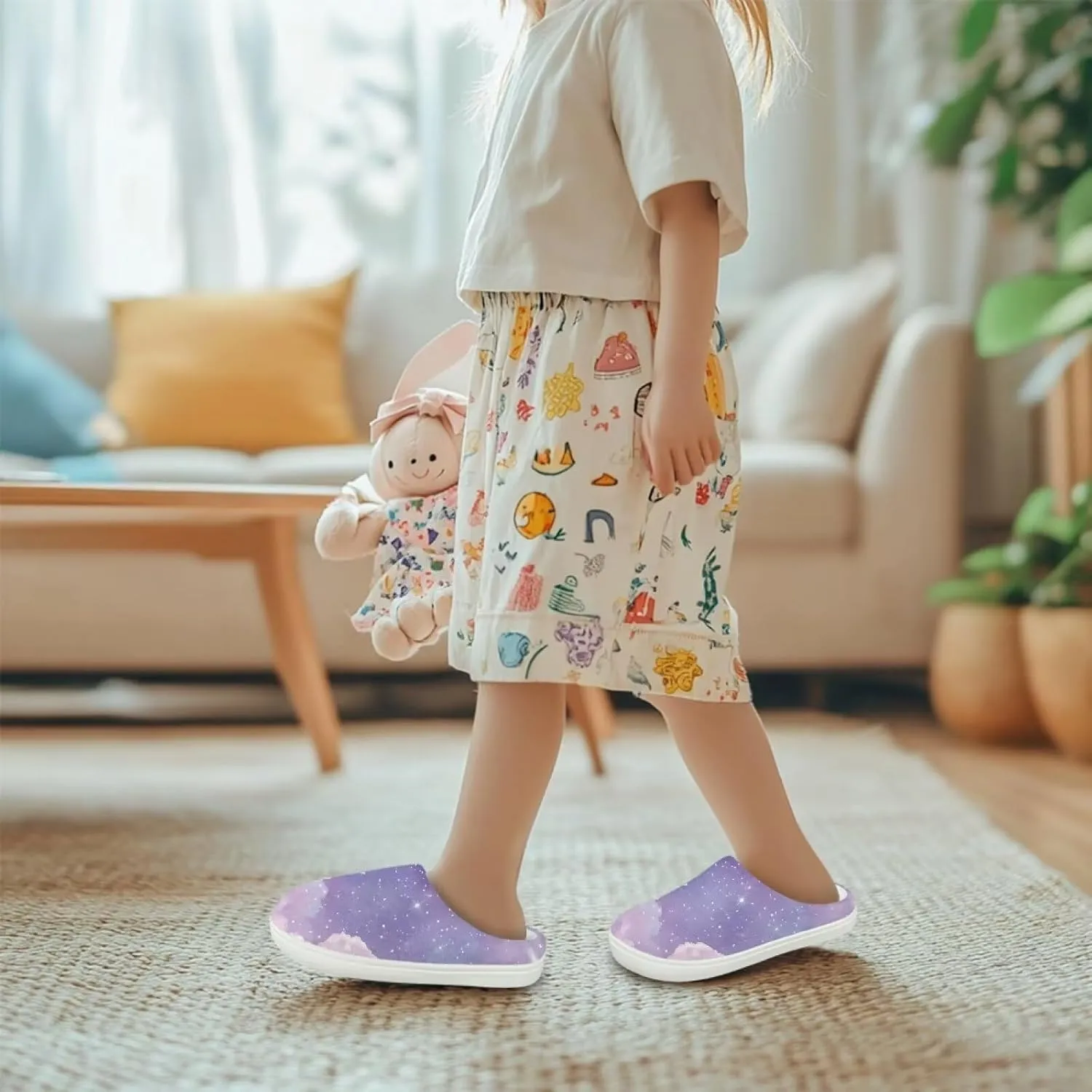 Kids Cotton Slipper Warm Winter Fluffy Breathable Shoes Cozy Fuzzy Print Anti-Slip House Slippers for Litter Big Kid US 9-15