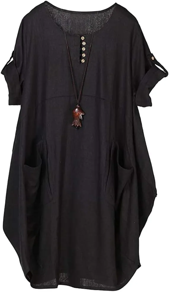 LaovanIn Women's Plus Size Tunic Dress Summer Cotton Linen T Shirt Knee-Length Dresses