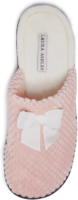 Laura Ashley Rugged Spa Slipper with Bow, Cozy Memory Foam Hard Bottom Slippers for Women, Soft Warm House Shoes