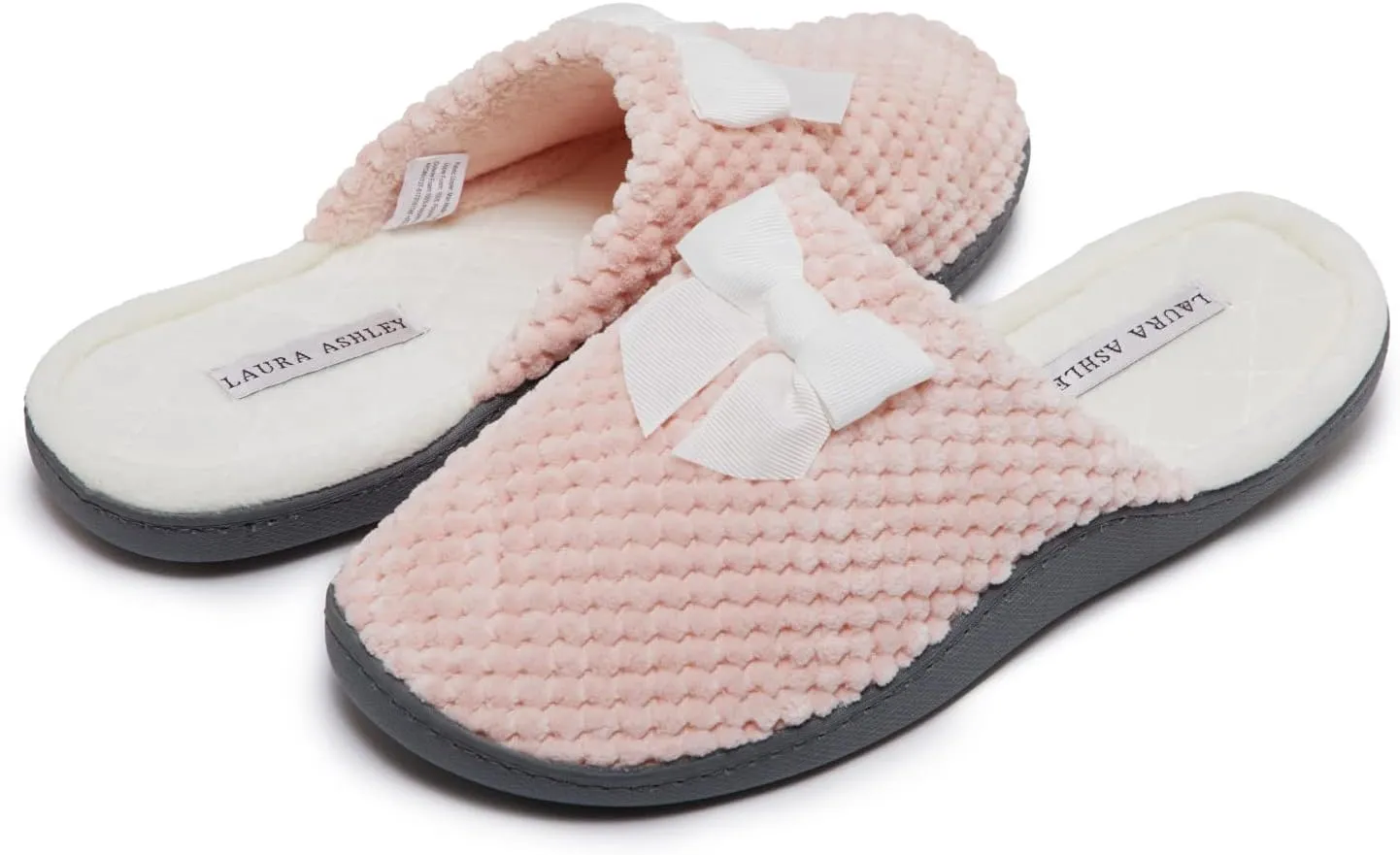 Laura Ashley Rugged Spa Slipper with Bow, Cozy Memory Foam Hard Bottom Slippers for Women, Soft Warm House Shoes