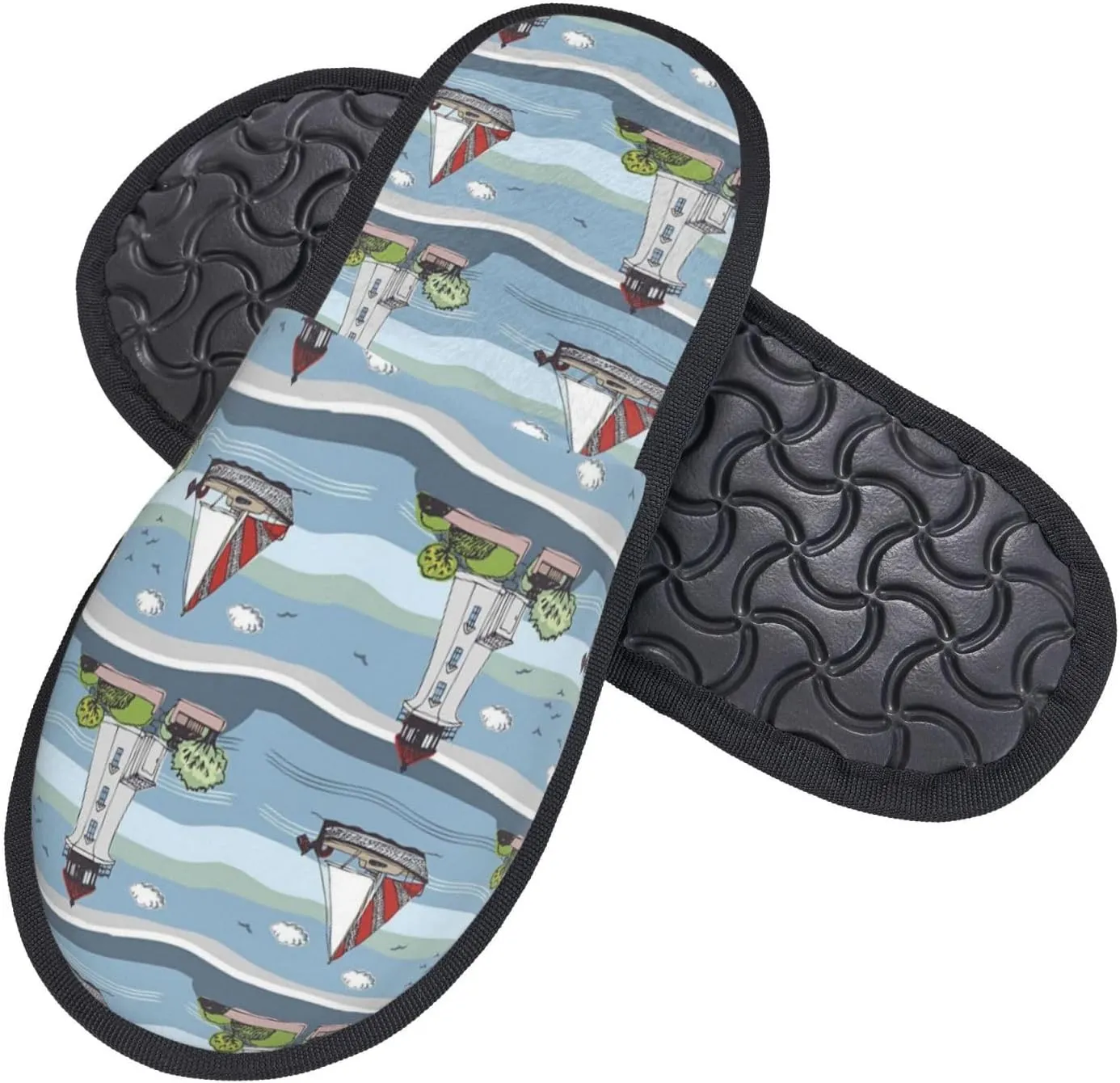 Lighthouse Ship House Slippers for Women Men Winter Spa Slippers Indoor Soft Home Shoes Non Slip Memory Foam Slipper for Hotel Bedroom Travel