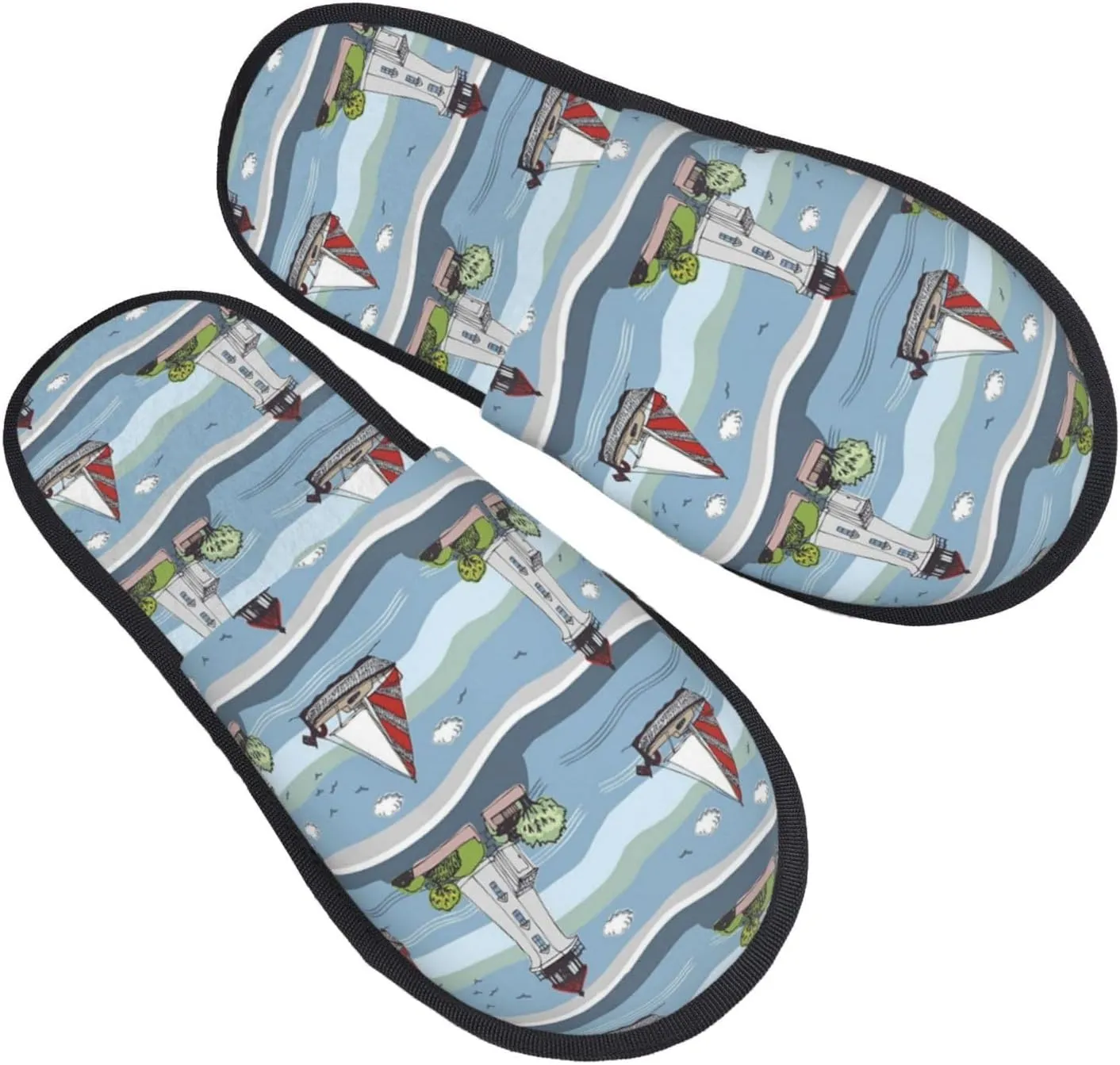 Lighthouse Ship House Slippers for Women Men Winter Spa Slippers Indoor Soft Home Shoes Non Slip Memory Foam Slipper for Hotel Bedroom Travel