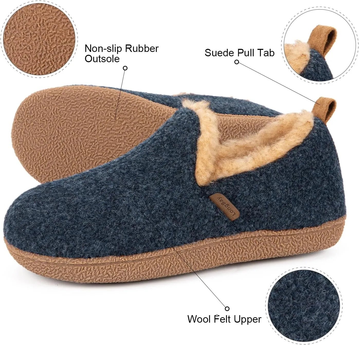 LongBay Women's Felt Bootie Slippers Warm Cozy Memory Foam Slipper Boots with Polar Fleece Lining Non Slip House Shoes Indoor Outdoor