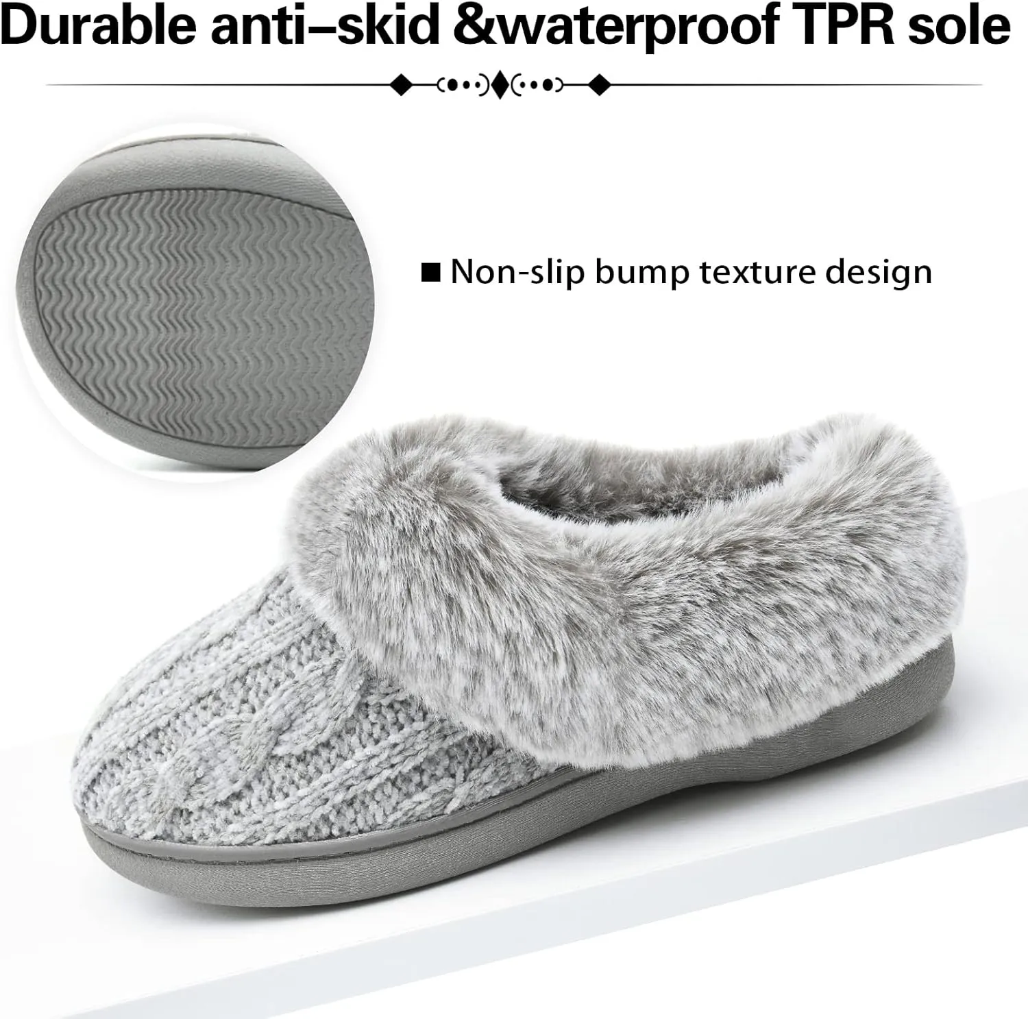 LORDFON Womens Winter House Slippers Memory Foam，Warm Closed Back Indoor Slippers For Women With Soft Faux Fur Plush Collar,Cozy Ladies Slip-on bedroom Home Slippers Non-Slip