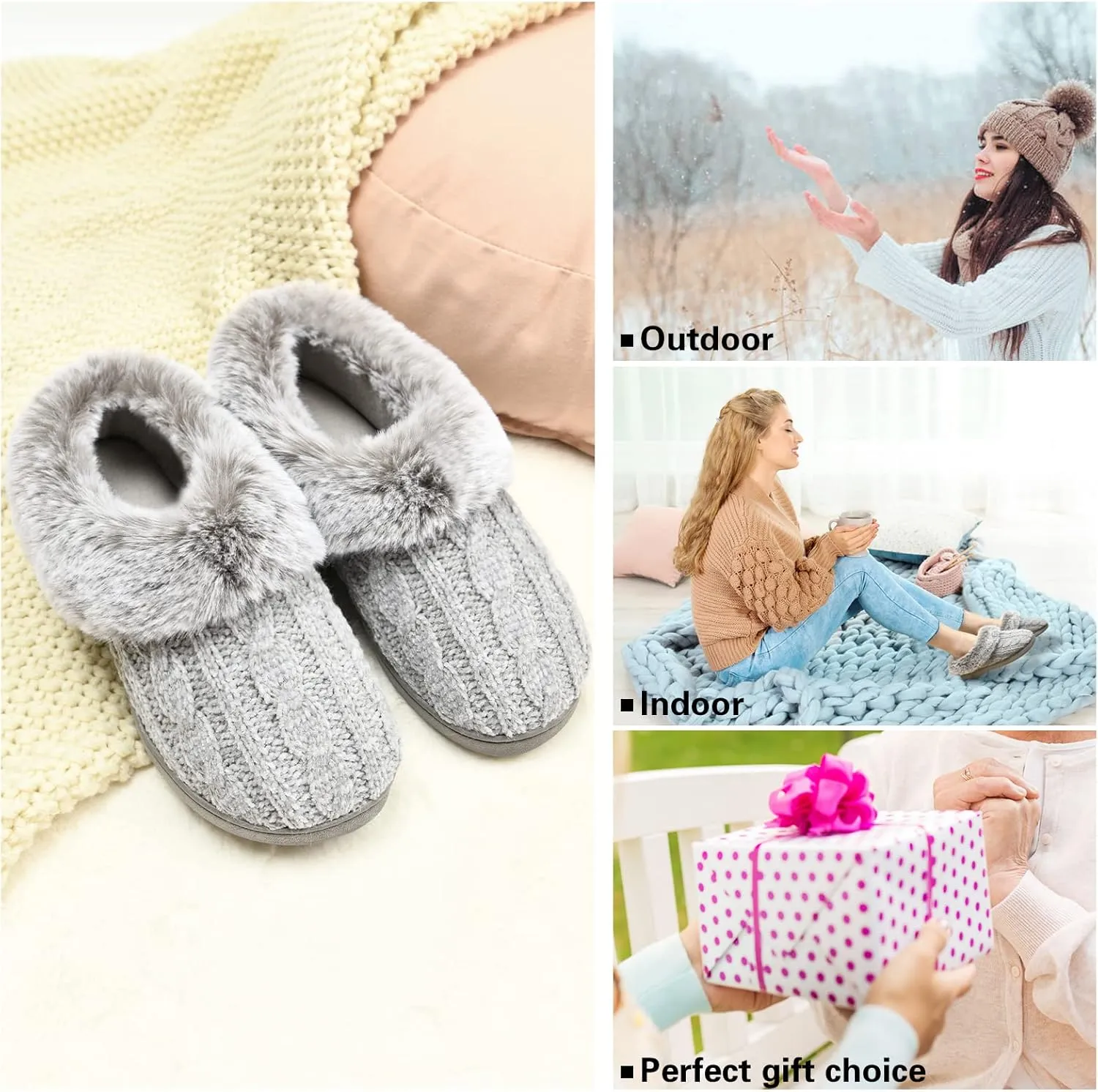 LORDFON Womens Winter House Slippers Memory Foam，Warm Closed Back Indoor Slippers For Women With Soft Faux Fur Plush Collar,Cozy Ladies Slip-on bedroom Home Slippers Non-Slip