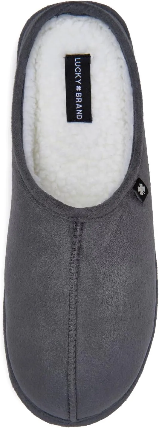 Lucky Brand Mens Microsuede Memory Foam Sherpa Clog Slippers, Warm Fuzzy Bedroom Slipper, Comfortable Indoor Outdoor House Shoes