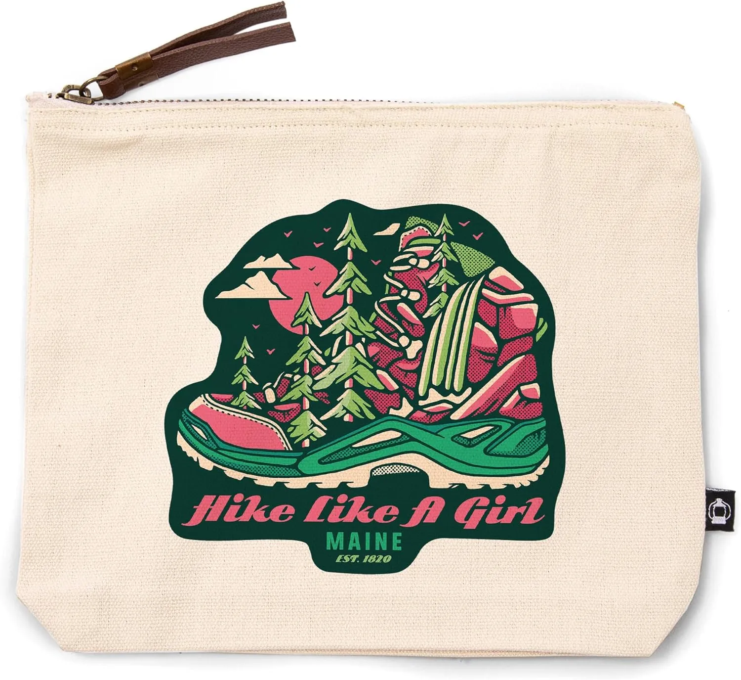 Maine, Hiking Boot, Hike Like A Girl, Distressed Vector, 100% Cotton Zipper Pouch, Travel Accessory, Go Bag