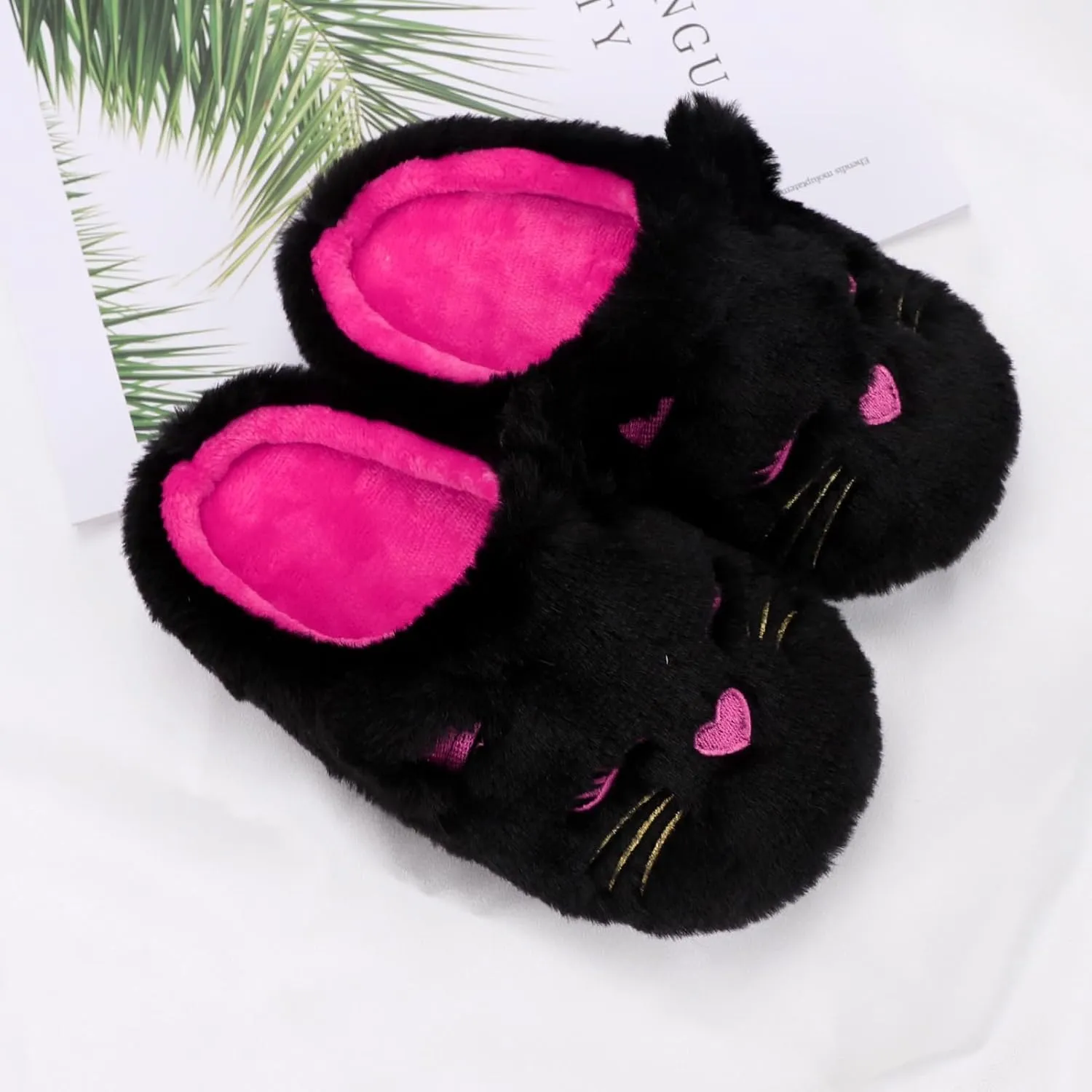 MEJORMEN Girls Cute Cat Slippers for Toddler Kids Fuzzy Slip-on Bedroom Shoes Warm Memory Foam Indoor House Slippers