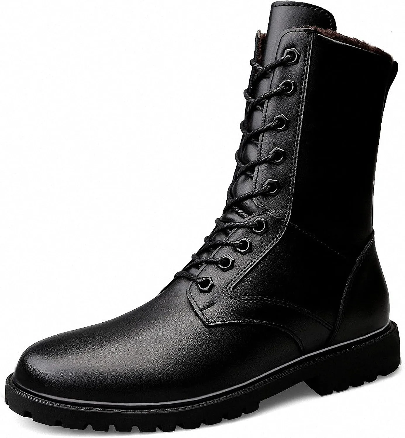 Mens Black High-Top Cowhide Motorcycle Army Military Tactical Combat Boots Flat-Soled Round-Toe Leather Outdoor Hunting Warm Non-Slip Hiking Mid-Calf Shoes Lace-Up Zipper Waterproof Puncture-Resistant