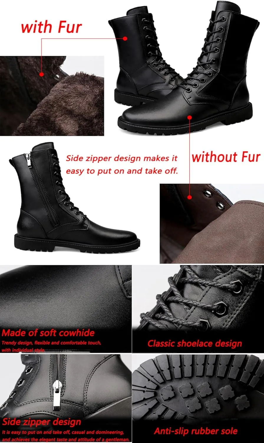 Mens Black High-Top Cowhide Motorcycle Army Military Tactical Combat Boots Flat-Soled Round-Toe Leather Outdoor Hunting Warm Non-Slip Hiking Mid-Calf Shoes Lace-Up Zipper Waterproof Puncture-Resistant
