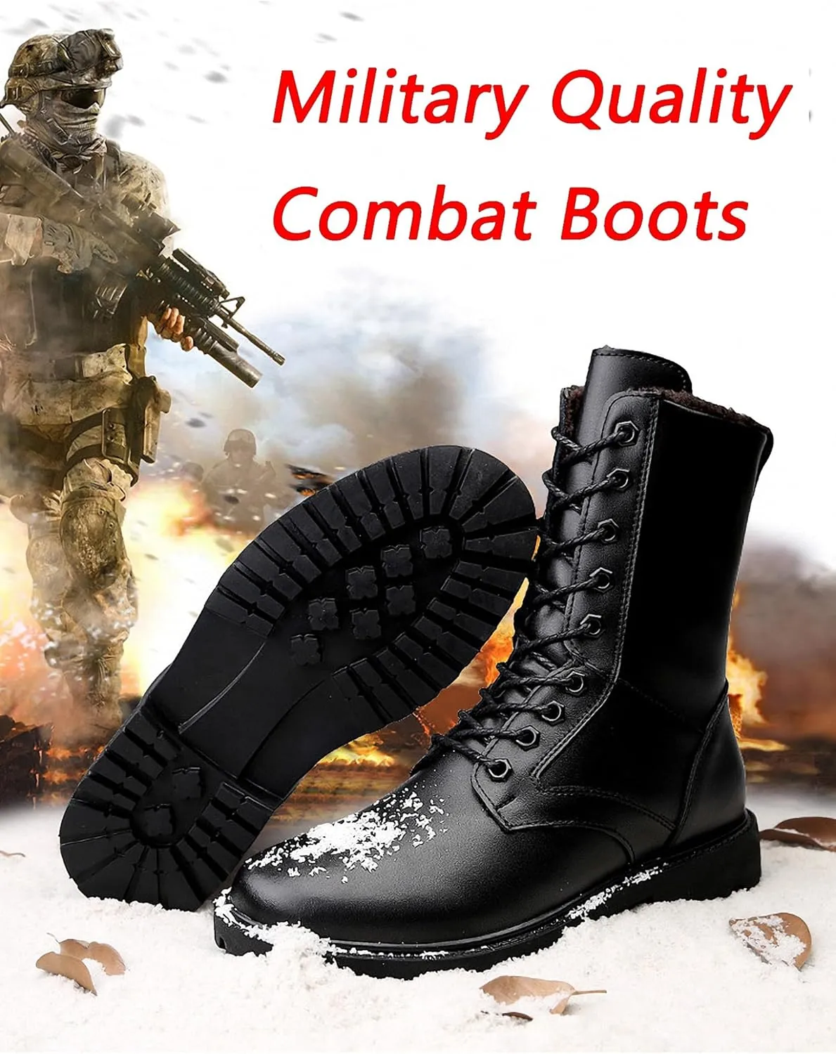Mens Black High-Top Cowhide Motorcycle Army Military Tactical Combat Boots Flat-Soled Round-Toe Leather Outdoor Hunting Warm Non-Slip Hiking Mid-Calf Shoes Lace-Up Zipper Waterproof Puncture-Resistant